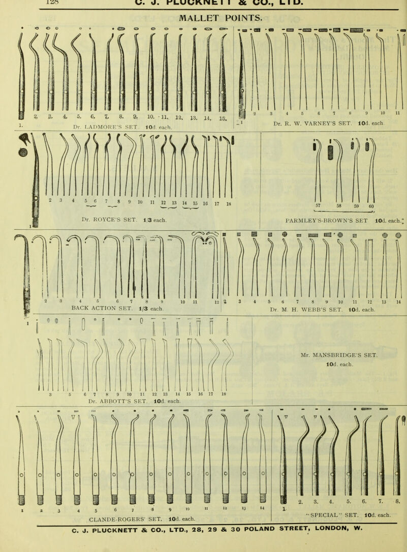 MALLET POINTS. • o o o c I Ml; 2. 4 5, 6. Z, 8. 8, 10. -11. 12. 13. 14, 15. Dr. LADMORE'S SET. lOd. each. IB ' O  flu 1\ ^ f I 345 678 9 10 11 Dr. R. W. VARNEY'S SET. lOd. each. 9 30 11 ^ 13 U 15 16 17 18 Dr. ROYCE'S SET. 1/3 each. 57 58 59 60 PARMLEY'S-BROWN'S SET lOd. each.' 1 2 3 4 5 6 7 8 9 BACK ACTION SET. 1/3 each. 10 11 US © E! ESS! Hfil'C? 1\ \ n 4 5 6 7 8 9 10 11 12 13 Dr. M. H. WEBB'S SET. lOd. each. 6 7 8 9 10 11 12 13 14 15 16 17 Dr. ABBOTT'S SET. lOd. each. Mr. MANSBRIDGE'S SET. lOd. each. ) ( ( ( r r 1 2 3 5 67 8 9 10 CLANDE-ROGERS' SET. lOd. each. II 12 U >4 f 2. 3. 4, 5. 6. 7. 8. ■•SPECIAL SET. lOd. each.