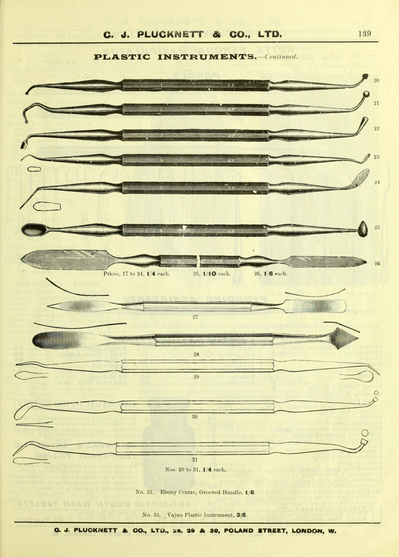 PlLiASTIC INSTRUMENTS.— O Nos. 29 to 31, 1/4 each. No. 32. Ebony Centre, Grooved Handle, 1/6. No. 33. -Vajna Plastic Instrument, 3/6.