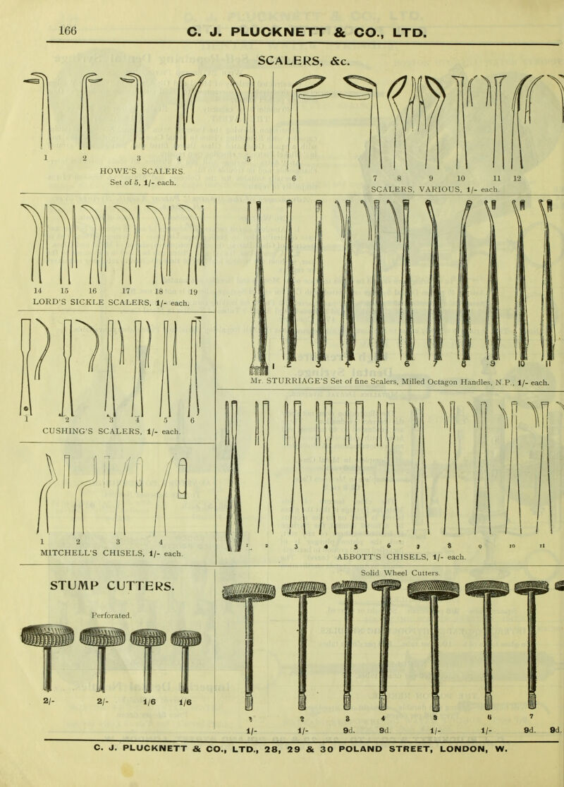 SCALERS, &c. 2 3 4 HOWE'S SCALERS. Set of 5, 1/- each. 7 8 9 10 11 12 SCALERS, VARIOUS, 1/- each. 14 15 16 17 18 19 LORD'S SICKLE SCALERS. 1/- each. 1 2 8 4 CUSHING'S SCALERS. 1/- each j ) 5 6 12 3 4 MITCHELL'S CHISELS. 1/- each. 11 6 s 10 II MM ' Mr. STURRIAGE'S Set of fine Scalers, Milled Octagon Handles, N.P., 1/- each. n 1 \ I • S 6 » « ABBOTT'S CHISELS, 1/- each. 10 II STUMP CUTTERS. Perforated. 1/- 1/-