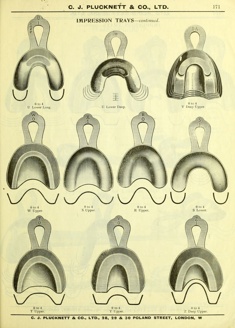 IMPRESSION TRAYS—coutinued. 0 to 4 U Lower Long. U Lower Deep. 0 to 4 V Deep Upper. 0 to 4 T Upper. 0 to 4 Y Upper. 0 to 4 Z Deep Upper.