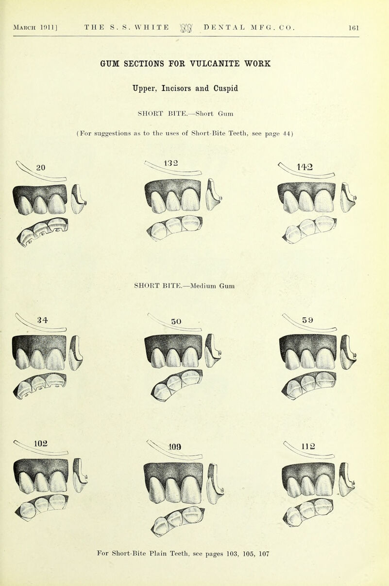 GUM SECTIONS FOR VULCANITE WORK Upper, Incisors and Cuspid SHORT BITE.—Short Gum (For suggestions as to the uses of Short-Bite Teeth, see page 44) SHORT BITE.—Medium Gum