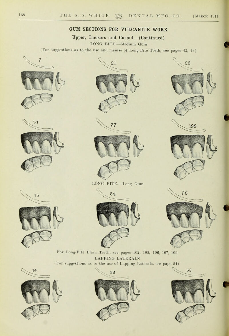 GUM SECTIONS FOR VULCANITE WORK Upper, Incisors and Cuspid—(Continued) For Long-Bite Plain Teeth, see pages 102, 105, 106, 107, 109 LAPPING LATERALS