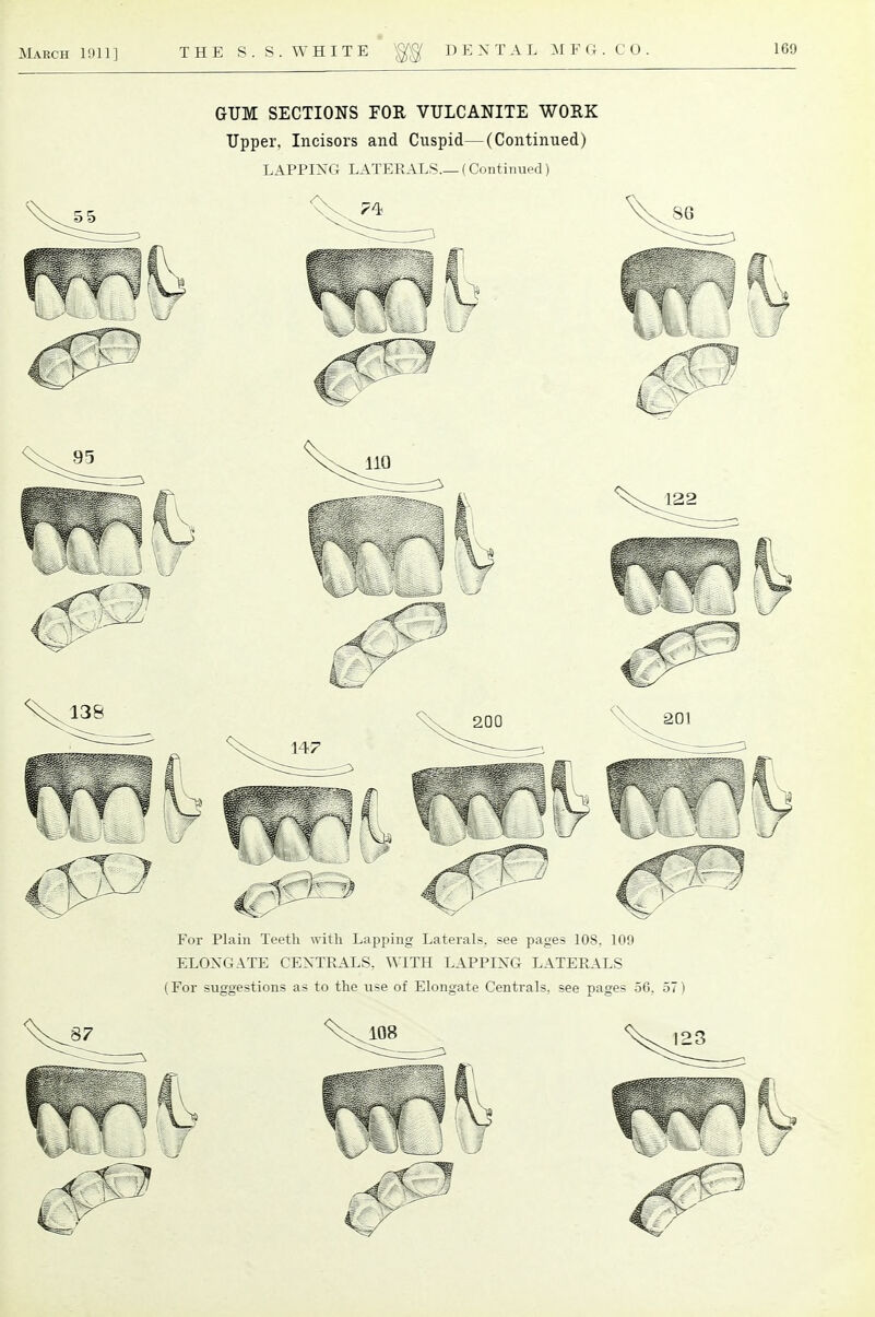 GUM SECTIONS FOR VULCANITE WORK Upper, Incisors and Cuspid—(Continued) LAPPING LATERALS.— (Continued) For Plain Teeth with Lapping Laterals, see pages 108. 109 ELONGATE CENTRALS, WITH LAPPING LATERALS (For suggestions as to the use of Elongate Centrals, see pages 56. 57 I