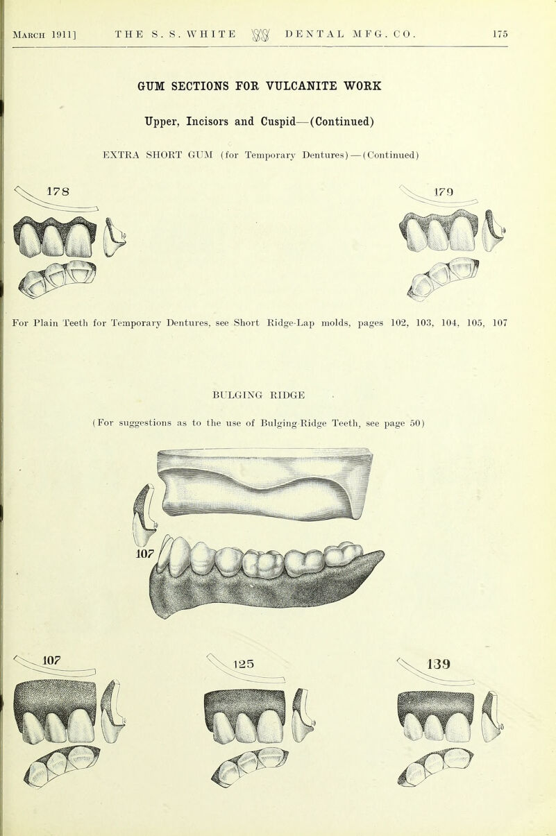 GUM SECTIONS FOR VULCANITE WORK Upper, Incisors and Cuspid—(Continued) EXTRA SHORT GUM (for Temporary Dentures)— (Continued) 179 J Xf For Plain Teeth for Temporary Dentures, see Short Ridge-Lap molds, pages 102, 103, 104, 105, 107 BULGING RIDGE