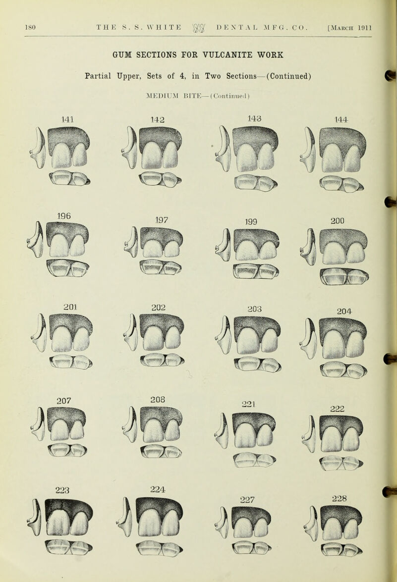 GUM SECTIONS FOR VULCANITE WORK Partial Upper, Sets of 4, in Two Sections—(Continued) MEDIUM BITE— (Continued) 141 142 143 144- 223 224- 9Q7 228