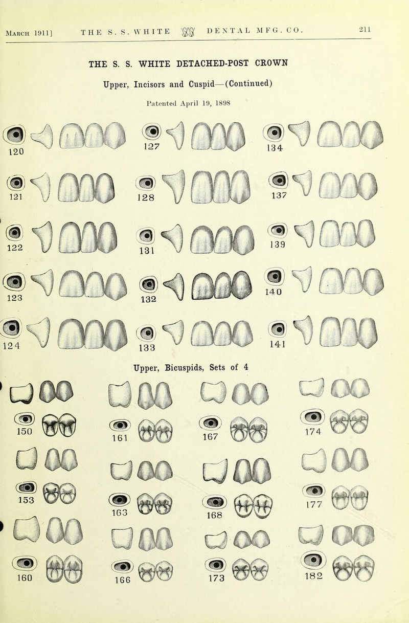 THE S. S. WHITE DETACHED-POST CROWN Upper, Incisors and Cuspid—(Continued) Patented April 19, 1898 Upper, Bicuspids, Sets of 4
