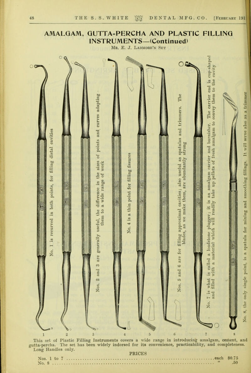 AMALGAM, QUTTA=PERCHA AND PLASTIC FILLING INSTRUMENTS—(Continued) Mr. E. J. Ladiiore's Set 0( 11 ill PI J -3 c This set of Plastic Filling Instruments covers a wide range in introducing amalgam, cement, and gutta-percha. The set has been widely indorsed for its convenience, practicability, and completeness. Long Handles only. PRICES Nos. 1 to 7 each $0.75 No. 8  .50