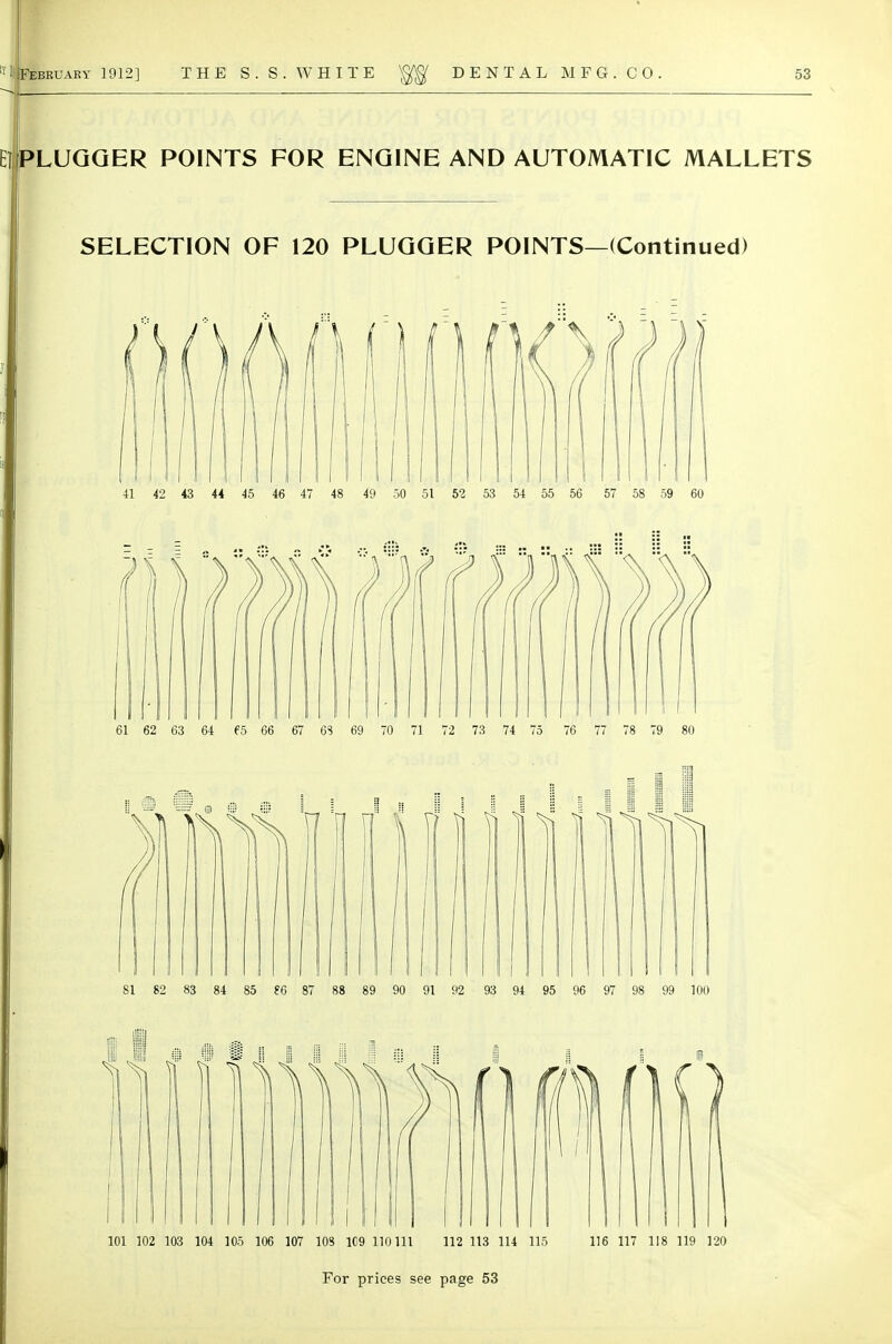 PLUQQER POINTS FOR ENGINE AND AUTOMATIC MALLETS SELECTION OF 120 PLUQQER POINTS—(Continued) 41 42 43 44 45 46 47 48 49 50 51 52 53 54 55 56 57 58 59 60 61 62 63 64 65 66 67 6S 69 70 71 72 73 74 75 76 77 78 79 80 81 82 83 84 85 ?G 87 88 89 90 91 92 93 94 95 96 97 98 99 100 ii I II I 101 102 103 104 105 106 107 lOS 1G9 110111 112 113 114 115 116 117 118 119 120 For prices see page 53