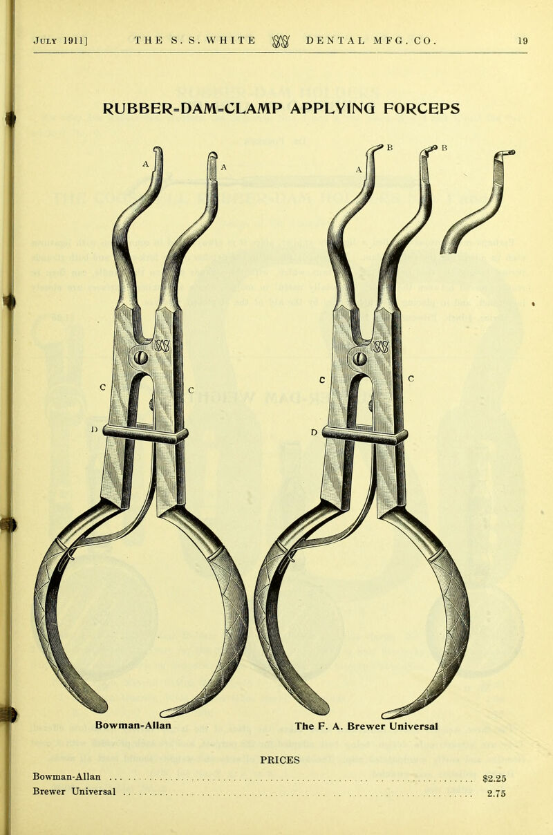 RUBBER=DAM=CLAMP APPLYING FORCEPS PRICES Bowman-Allan $2.25 Brewer Universal 2.75