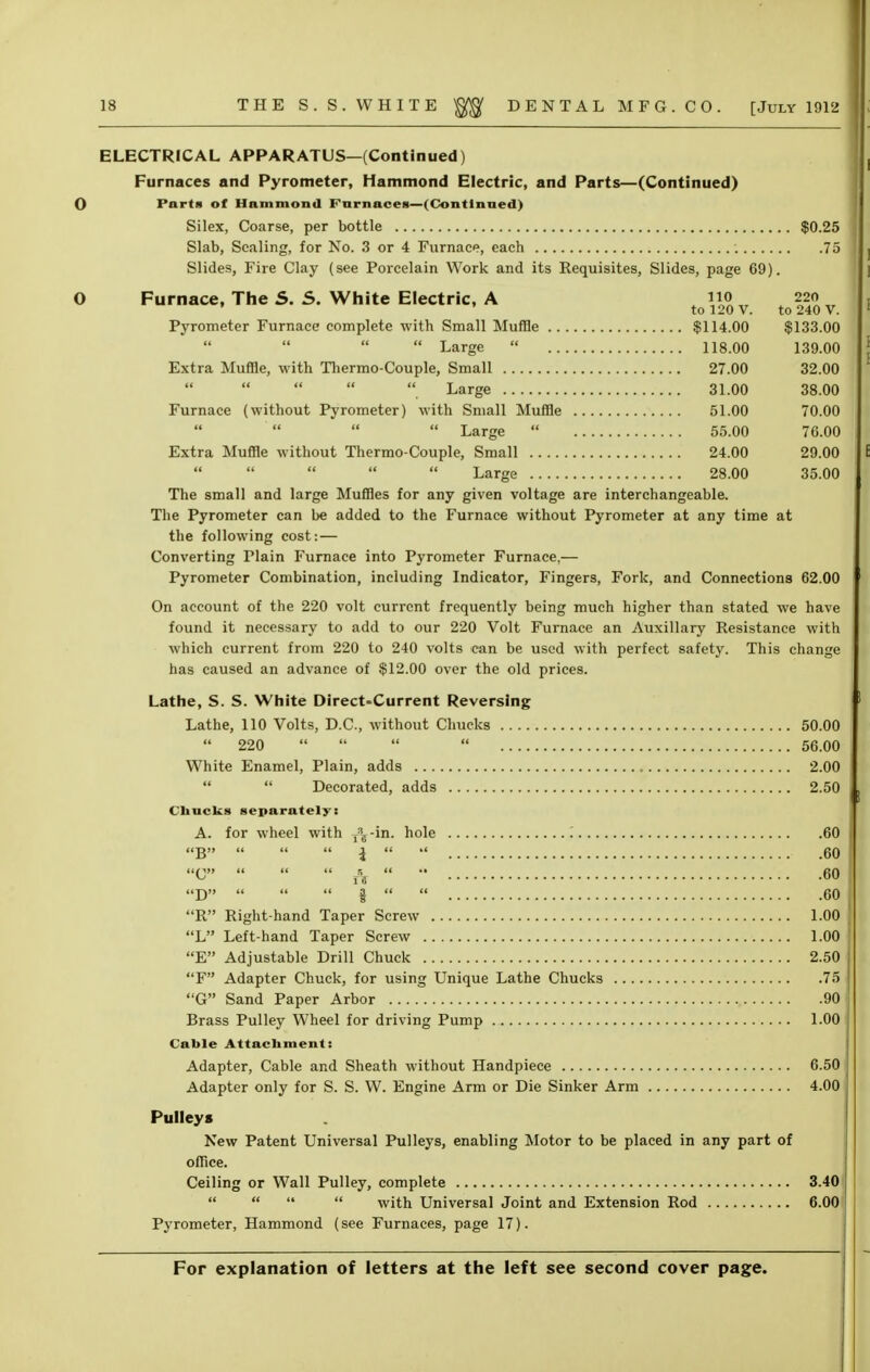 ELECTRICAL APPARATUS—(Continued) Furnaces and Pyrometer, Hammond Electric, and Parts—(Continued) O Parts of Hammond Fnrnaces—(Continued) Silex, Coarse, per bottle $0.25 Slab, Sealing, for No. 3 or 4 Furnace, each 75 Slides, Fire Clay (see Porcelain Work and its Requisites, Slides, page 69). 0 Furnace, The S. S. White Electric, A Pyrometer Furnace complete with Small Muffle  Large  110 220 to 120 V. to 240 V. $114.00 $133.00 118.00 139.00 27.00 32.00 31.00 38.00 51.00 70.00 55.00 76.00 24.00 29.00 28.00 35.00  Large  Extra Muffle without Thermo-Couple, Small      Large The small and large Muffles for any given voltage are interchangeable. The Pyrometer can be added to the Furnace without Pyrometer at any time at the following cost: — Converting Plain Furnace into Pyrometer Furnace.— Pyrometer Combination, including Indicator, Fingers, Fork, and Connections 62.00 On account of the 220 volt current frequently being much higher than stated we have found it necessary to add to our 220 Volt Furnace an Auxiliary Resistance with which current from 220 to 240 volts can be used with perfect safety. This change has caused an advance of $12.00 over the old prices. Lathe, S. S. White Direct-Current Reversing Lathe, 110 Volts, D.C., without Chucks 50.00  220     56.00 White Enamel, Plain, adds 2.00   Decorated, adds 2.50 Chucks separately: A. for wheel with j\-in. hole ; 60 B    i   60 C    r\   60 D    i   60 R Right-hand Taper Screw 1.00 L Left-hand Taper Screw 1.00 E Adjustable Drill Chuck 2.50 F Adapter Chuck, for using Unique Lathe Chucks 75 G Sand Paper Arbor 90 Brass Pulley Wheel for driving Pump 1.00 Cable Attachment: Adapter, Cable and Sheath without Handpiece 6.50 Adapter only for S. S. W. Engine Arm or Die Sinker Arm 4.00 Pulleys New Patent Universal Pulleys, enabling Motor to be placed in any part of office. Ceiling or Wall Pulley, complete 3.40     with Universal Joint and Extension Rod 6.00 Pyrometer, Hammond (see Furnaces, page 17).