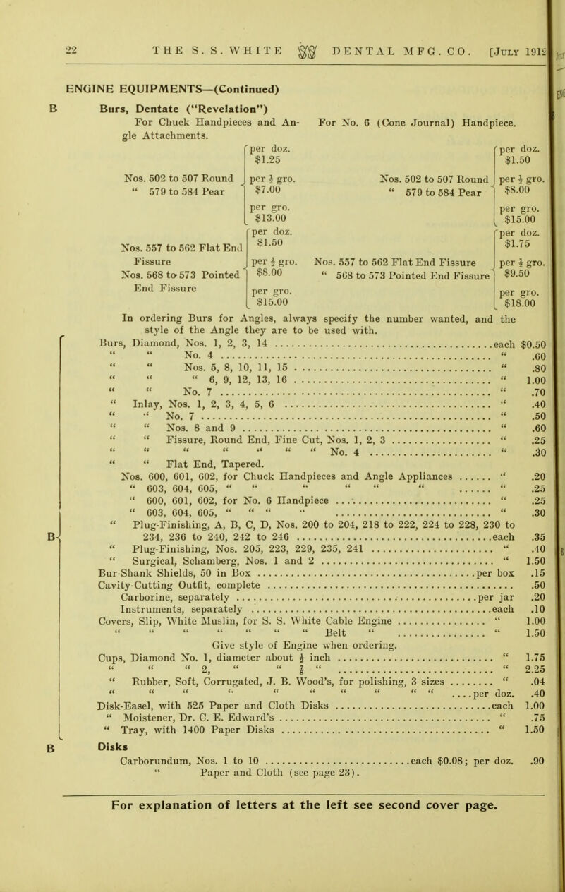 ENGINE EQUIPMENTS—(Continued) Burs, Dentate (Revelation) For Chuck Handpieces and An- gle Attachments. 'per doz. $1.25 per i gro. $7.00 per gro. $13.00 per doz. $1.50 per * gro. $8.00 per gro. $15.00 For No. 0 (Cone Journal) Handpiece. Nos. 502 to 507 Round  579 to 584 Pear Nos. 557 to 5G2 Flat End Fissure Nos. 568 to 573 Pointed End Fissure Nos. 502 to 507 Round  579 to 584 Pear Nos. 557 to 502 Flat End Fissure  5G8 to 573 Pointed End Fissure per doz. $1.50 per J gro. $8.00 per gro. $15.00 per doz. $1.75 per I gro. $9.50 per gro. $18.00 B In ordering Burs for Angles, always specify the number wanted, and the style of the Angle they are to be used with. Burs, Diamond, Nos. 1, 2, 3, 14 each $0.50   No. 4  .CO Nos. 5, 8, 10, 11, 15  .80  6, 9, 12, 13, 16  1.00 No. 7  .70  Inlay, Nos. 1, 2, 3, 4, 5, 6  .40   No. 7  .50 Nos. 8 and 9  .60   Fissure, Round End, Fine Cut, Nos. 1, 2, 3  .25  No. 4 * .30 Flat End, Tapered. Nos. COO, 601, 002, for Chuck Handpieces and Angle Appliances  .20  G03, C04, COS,      .25 •' COO, 601, 602, for No. 6 Handpiece  .25  603, 604, 605,    -  .30  Plug-Finishing, A, B, C, D, Nos. 200 to 204, 218 to 222, 224 to 228, 230 to 234, 236 to 240, 242 to 246 each .35  Plug-Finishing, Nos. 205, 223, 229, 235, 241  .40  Surgical, Schamberg, Nos. 1 and 2  1.50 Bur-Shank Shields, 50 in Box per box .15 Cavity-Cutting Outfit, complete 50 Carborine, separately per jar .20 Instruments, separately each .10 Covers, Slip, White Muslin, for S. S. White Cable Engine  1.00 '     Belt   1.50 Give style of Engine when ordering. Cups, Diamond No. 1, diameter about $ inch  1.75 2,   I   2.25  Rubber, Soft, Corrugated, J. B. Wood's, for polishing, 3 sizes  .04   '•       per doz. .40 Disk-Easel, with 525 Paper and Cloth Disks each 1.00  Moistener, Dr. C. E. Edward's  .75  Tray, with 1400 Paper Disks  1.50 Disks Carborundum, Nos. 1 to 10 each $0.08; per doz. .90  Paper and Cloth (see page 23).