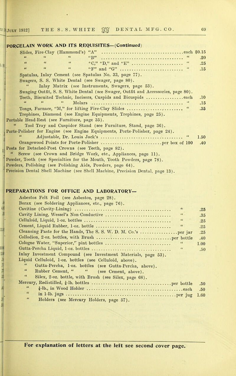 PORCELAIN WORK AND ITS REQUISITES—(Continued) Slides, Fire-Clay (Hammond's) A each $0.15 «  .'■« B  .20 «   C, D, and E  .25    F and G  .15 Spatulas, Inlay Cement (see Spatulas No. 33, page 77). Swagers, S. S. White Dental (see Swager, page 80).  Inlay Matrix (see Instruments, Swagers, page 53). Swaging Outfit, S. S. White Dental (see Swager, Outfit and Accessories, page 80). Teeth, Biscuited Technic, Incisors, Cuspids and Bicuspids each .10 Mi    Molars  .15 Tongs, Furnace, M, for lifting Fire-Clay Slides ,  .35 Trephines, Diamond (see Engine Equipments, Trephines, page 25). Portable Head-Rest (see Furniture, page 35).  Tool Tray and Cuspidor Stand (see Furniture, Stand, page 36). Porte-Polisher for Engine (see Engine Equipments, Porte-Polisher, page 24).  Adjustable, Dr. Louis Jack's  1.50 Orangewood Points for Porte-Polisher per box of 100 .40 Posts for Detached-Post Crowns (see Teeth, page 82).  Screw (see Crown and Bridge Work, etc., Appliances, page 11). Powder, Tooth (see Specialties for the Mouth, Tooth Powders, page 78). Powders, Polishing (see Polishing Aids, Powders, page 64). Precision Dental Shell Machine ( see Shell Machine, Precision Dental, page 13). PREPARATIONS FOR OFFICE AND LABORATORY— Asbestos Felt Foil (see Asbestos, page 28). Borax (see Soldering Appliances, etc., page 76). Cavitine (Cavity-Lining)  .25 Cavity Lining, Wessel's Non-Conductive  .35 Celluloid, Liquid, 1-oz. bottles  .25 Cement, Liquid Rubber, 1-oz. bottle  .25 Cleansing Paste for the Hands, The S. S. W. D. M. Co.'s per jar .25 Collodion, 2-oz. bottles, with Brush per bottle .40 Cologne Water, Superior,'' pint bottles  1.00 lO.tl Gutta-Percha Liquid, 1-oz. bottles  .50 2.5f Inlay Investment Compound (see Investment Materials, page 53). Liquid Celluloid, 1-oz. bottles (see Celluloid, above).  Gutta-Percha, 1-oz. bottles (see Gutta-Percha, above).  Rubber Cement,   (see Cement, above).  Silex, 2-oz. bottle, with Brush (see Silex, page 68). Mercury, Redistilled, i-lb. bottles per bottle .50  i-lb., in Wood Holder each .50  in 1 lb. jugs per jug 1.60  Holders (see Mercury Holders, page 57).