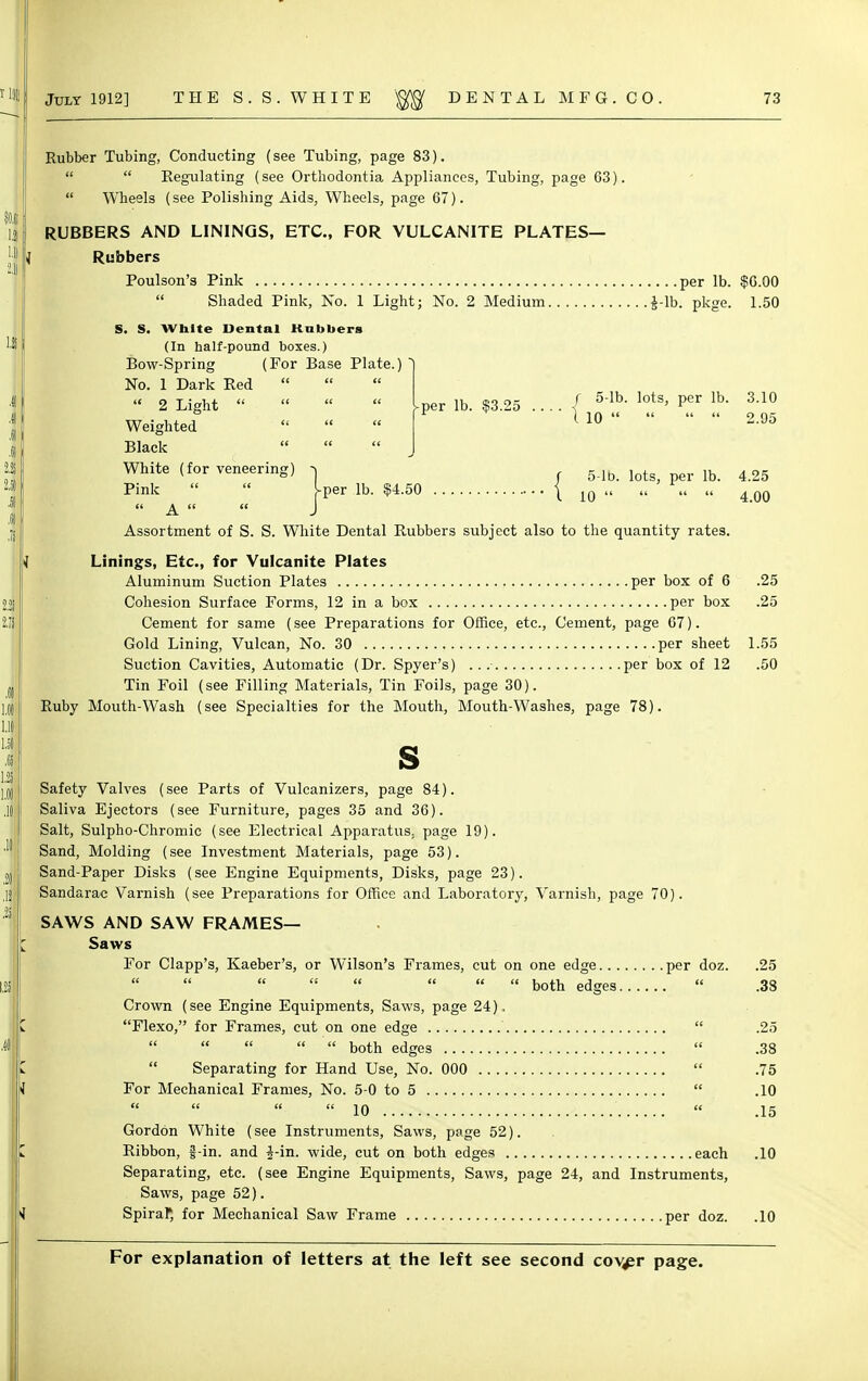 Rubber Tubing, Conducting (see Tubing, page 83).   Regulating (see Orthodontia Appliances, Tubing, page 63).  WTieels (see Polishing Aids, Wheels, page 67). RUBBERS AND LININGS, ETC., FOR VULCANITE PLATES— Rubbers Poulson's Pink per lb. $6.00  Shaded Pink, No. 1 Light; No. 2 Medium £-lb. pkge. 1.50 S. S. White Dental Rubbers (In half-pound boxes.) Bow-Spring (For Base Plate.)  No. 1 Dark Red   2 Light  Weighted   « Black per lb. $3.25 .... / 5'lb- lots' Per lb 3-10 e 1 10     2.95 White (for veneering) -j 5-1 d. lots, per lb. 4.25 Pink   Iper lb. $4.50 { 1Q « 7, «, 4 0Q  A   J Assortment of S. S. White Dental Rubbers subject also to the quantity rates. Linings, Etc., for Vulcanite Plates Aluminum Suction Plates per box of 6 .25 Cohesion Surface Forms, 12 in a box per box .25 Cement for same (see Preparations for Office, etc., Cement, page 67). Gold Lining, Vulcan, No. 30 per sheet 1.55 Suction Cavities, Automatic (Dr. Spyer's) per box of 12 .50 Tin Foil (see Filling Materials, Tin Foils, page 30). Ruby Mouth-Wash (see Specialties for the Mouth, Mouth-Washes, page 78). Safety Valves (see Parts of Vulcanizers, page 84). Saliva Ejectors (see Furniture, pages 35 and 36). Salt, Sulpho-Chromic (see Electrical Apparatus, page 19). Sand, Molding (see Investment Materials, page 53). Sand-Paper Disks (see Engine Equipments, Disks, page 23). Sandarae Varnish (see Preparations for Office and Laboratory, Varnish, page 70). SAWS AND SAW FRAMES— Saws For Clapp's, Kaeber's, or Wilson's Frames, cut on one edge per doz. .25       both edges  .38 Crown (see Engine Equipments, Saws, page 24), Flexo, for Frames, cut on one edge  .25      both edges  .38  Separating for Hand Use, No. 000  .75 For Mechanical Frames, No. 5-0 to 5  .10  10  .15 Gordon White (see Instruments, Saws, page 52). Ribbon, f-in. and $-in. wide, cut on both edges each .10 Separating, etc. (see Engine Equipments, Saws, page 24, and Instruments, Saws, page 52). Spiral*, for Mechanical Saw Frame per doz. .10