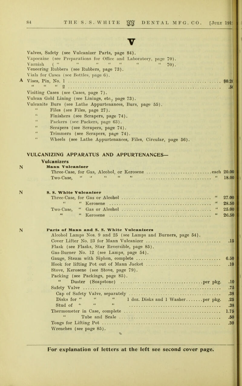 Valves, Safety (see Vulcanizer Parts, page 84). Vapoeaine (see Preparations for Office and Laboratory, page 70). Varnish (        70). Veneering Rubbers (see Rubbers, page 73). Vials for Cases (see Bottles, page 6). A Vises, Pin, No. 1 $0.21  2 5(1 Visiting Cases (see Cases, page 7). Vulcan Gold Lining (see Linings, etc., page 73). Vulcanite Burs (see Lathe Appurtenances, Burs, page 55).  Files (see Files, page 27).  Finishers (see Scrapers, page 74). Packers (see Packers, page 63).  Scrapers (see Scrapers, page 74).  Trimmers (see Scrapers, page 74). Wheels (see Lathe Appurtenances, Files, Circular, page 56). VULCANIZING APPARATUS AND APPURTENANCES— Vulcanizers N Mann Vnlcantier Three-Case, for Gas, Alcohol, or Kerosene each 20.00 Two-Case,       18.001 S. S. White Vulcanizer Three-Case, for Gas or Alcohol  27.00   Kerosene  28.50 ii Two-Case,  Gas or Alcohol  25.00   Kerosene  26.50 \ Parts of Mann and S. S. White Vulcanizers Alcohol Lamps Nos. 9 and 25 (see Lamps and Burners, page 54). Cover Lifter No. 23 for Mann Vulcanizer 15 Flask (see Flasks, Star Reversible, page 85). Gas-Burner No. 12 (see Lamps, page 54). Gauge, Steam with Siphon, complete 6.50 Hook for lifting Pot out of Mann Jacket 10 Stove, Kerosene (see Stove, page 79). Packing (see Packings, page 85).  Duster (Soapstone) per pkg. .10 Safety Valve 75. Cap of Safety Valve, separately 38 Disks for    1 doz. Disks and 1 Washer per pkg. .25 Stud of    3$ Thermometer in Case, complete 1.75 Tube and Scale 50 Tongs for Lifting Pot 30 Wrenches (see page 85).