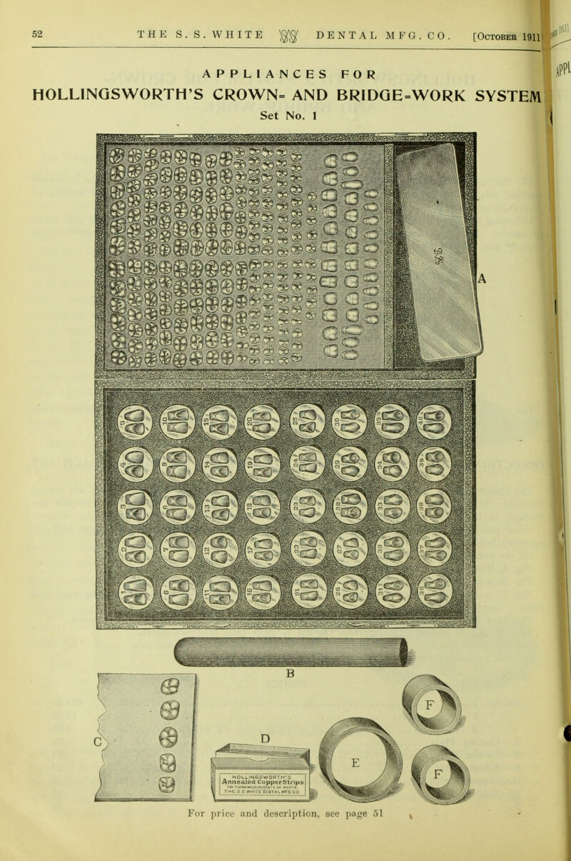 THE S.S.WHITE DENTAL MFG. CO. [Octobeb 1911 APPLIANCES FOR HOLLINQSWORTH'S CROWN= AND BRIDQE=WORK SYSTEM Set No. 1 For price and description, see page 51