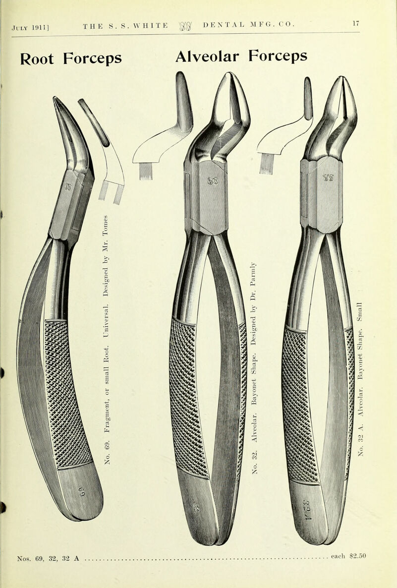 THE S . S . VV H I T E \^ DENTAL M F Cx . CO Root Forceps Alveolar Forceps Nos. 69, 32, 32 A