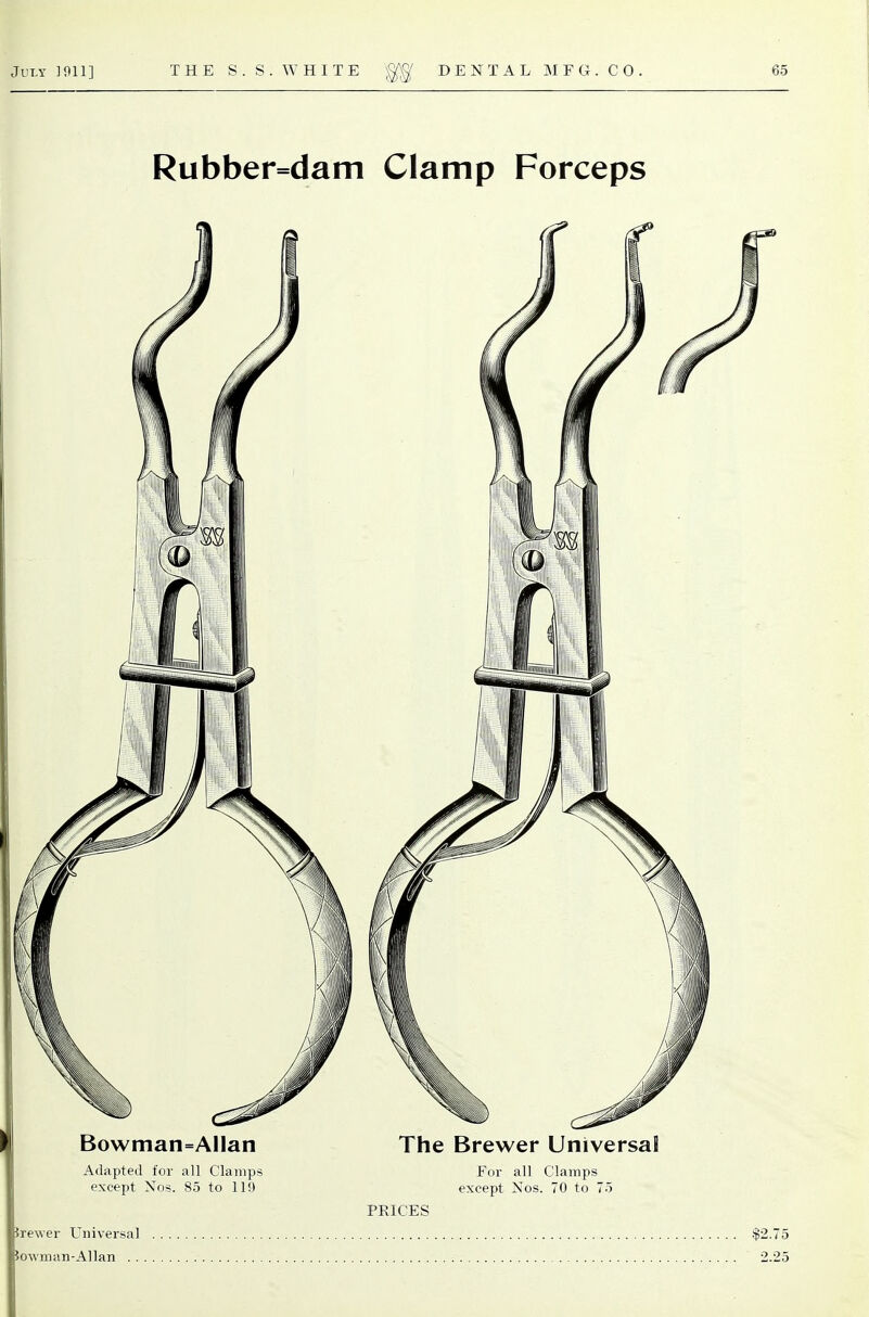 Rubber=dam Clamp Forceps Bowman=Allan Adapted for all Clamps except Nos. 85 to 119 The Brewer Universal for all Clamps except Nos. 70 to 75 PRICES Jrewer Universal Jowman-Allan . . . $2.75 •2.25