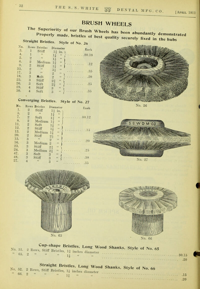 DENTAL MFG. CO [April 1911 BRUSH WHEELS Style of No. 26 No. Rows Bristles 3. 1 Stiff 4. 1 2. 2 6. 9. 2 Medium 2 Stiff 55. 2 17. 3 66 18. 3 loft 25. 3 Stiff 26. 3 Soft 29. 4 Stiff- 30. 4 Soft Diameter 1% in. 1 1 ll 13 If H 2 2 2f 2| 3 3 J } Converging Bristles. Style of No. Rows Bristles Diameter 1 5. 7. 8. 11. 12. 13. 20. 15. 16. 23. 24. 47. 48. 27. 2 2 2 2 2 2 2 2 3 3 3 3 3 3 4 Stiff Soft if Medium If Soft 1| Stiff l| Medium 1| Stiff 2*  2~ Medium 2 Stiff 2f Medium 2f Soft 3 Stiff 3 3 1* in. if  Each $0.10 12 . .. .35 ... .20 ... .25 ... .35 No. 27 Eaoh ■ . .$0.12 .. .15 .'. .20 i .30 No. 26 No. 27 No. 65 No. 60 65. 2 «  17 „ I5 tameter C6. 2   « j7 ,t el $0.15 .20 .15 .20