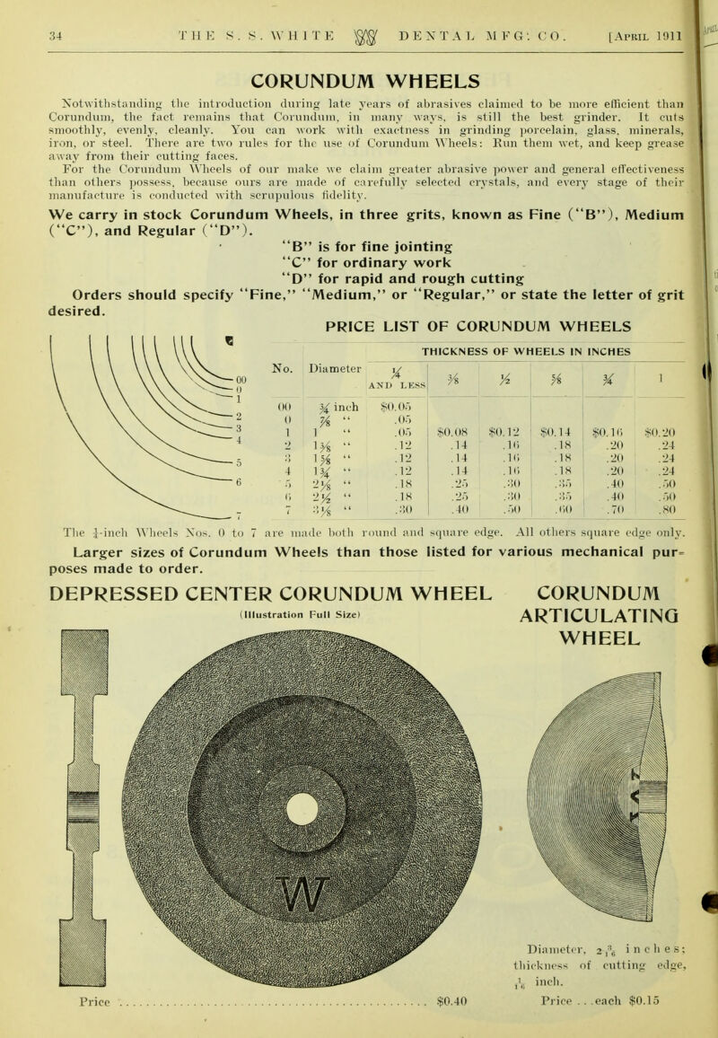 CORUNDUM WHEELS Notwithstanding the introduction dining late years of abrasives claimed to be more efficient than Corundum, the fact remains that Corundum, in many ways, is still the best grinder. It cuts smoothly, evenly, cleanly. You can work with exactness in grinding porcelain, glass, minerals, iron, or steel. There are two rules for the use of Corundum Wheels: Run them wet, and keep grease away from their cutting faces. For the Corundum Wheels of our make we claim greater abrasive power and general effectiveness than others possess, because ours are made of carefully selected crystals, and every stage of their manufacture is conducted with scrupulous fidelity. We carry in stock Corundum Wheels, in three grits, known as Fine (B), Medium (C), and Regular (D). B is for fine jointing C for ordinary work D for rapid and rough cutting Orders should specify Fine, Medium, or Regular, or state the letter of grit desired. PRICE LIST OF CORUNDUM WHEELS The ^-inch Wheels Xos. 0 to 7 are made both round and square edge. All others square edge only. Larger sizes of Corundum Wheels than those listed for various mechanical pur= poses made to order. DEPRESSED CENTER CORUNDUM WHEEL CORUNDUM (.Lustration FuH Size. ARTICULATING Price $0.40 Price . . .each $0.15