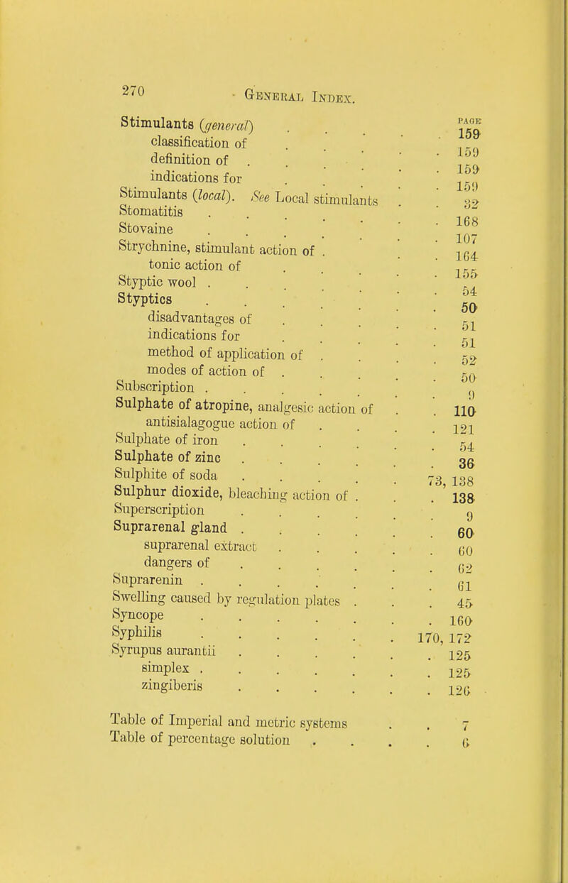 See Local stimulants Stimulants {general) classification of definition of . indications for Stimulants {local). Stomatitis Stovaine Strychnine, stimulant action of tonic action of Styptic wool . Styptics disadvantages of indications for method of application of modes of action of . Subscription . Sulphate of atropine, analgesic antisialagogue action of Sulphate of iron Sulphate of zinc Sulphite of soda Sulphur dioxide, bleaching action of Superscription Suprarenal gland . suprarenal extract dangers of Suprarenin . . Swelling caused by regulation plates Syncope Syphilis Syrupus aurantii simplex . zingiberis action of Table of Imperial and metric systems Table of percentage solution