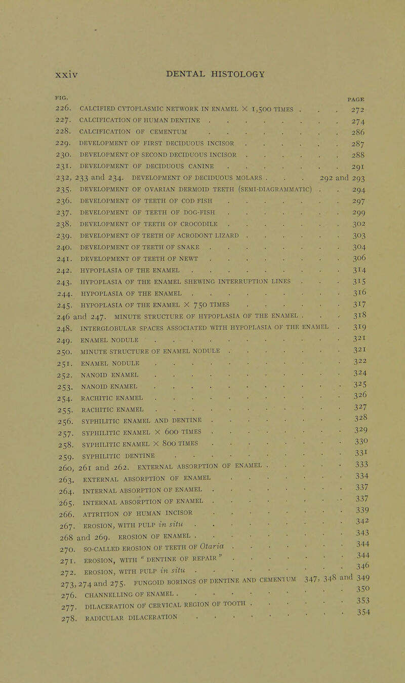 FIG. 226. CALCIFIED CYTOPLASMIC NETWORK IN ENAMEL X 1,500 TIMES 227. CALCIFICATION OF HUMAN DENTINIC . 228. CALCIFICATION OF CF.MENTUM 229. DEVELOPMENT OF FIRST DECIDUOUS INCISOR 230. DEVELOPMENT OF SECOND DECIDUOUS INCISOR 231. DEVELOPMENT OF DECIDUOUS CANINE 232. 233 and 234. DEVELOPMENT OF DECIDUOUS MOLARS . . 235. DEVELOPMENT OF OVARIAN DERMOID TEETH (SEMI-DIAGRAMMATIC) 236. DEVELOPMENT OF TEETH OF COD FISH DEVELOPMENT OF TEETH OF DOG-FISH DEVELOPMENT OF TEETH OF CROCODILE DEVELOPMENT OF TEETH OF ACRODONT LIZARD DEVELOPMENT OF TEETH OF SNAKE . DEVELOPMENT OF TEETH OF NEWT HYPOPLASIA OF THE ENAMEL HYPOPLASIA OF THE ENAMEL SHEWING INTERRUPTION HYPOPLASIA OF THE ENAMEL . HYPOPLASIA OF THE ENAMEL X 750 TIMES 237- 238. 239- 240. 241. 242. 243- 244. 245- 246 and 247. MINUTE STRUCTURE OF HYPOPLASIA OF THE ENAMEL INTERGLOBULAR SPACES ASSOCIATED WITH HYPOPLASIA OF THE ENAMEL NODULE .... MINUTE STRUCTURE OF ENAMEL NODULE ENAMEL NODULE NANOID ENAMEL NANOID ENAMEL RACHITIC ENAMEL RACHITIC ENAMEL SYPHILITIC ENAMEL AND DENTINE SYPHILITIC ENAMEL X 60O TIMES SYPHILITIC ENAMEL X 8OO TIMES SYPHILITIC DENTINE 260, 261 and 262. EXTERNAL ABSORPTION OF 263. EXTERNAL ABSORPTION OF ENAMEL INTERNAL ABSORPTION OF ENAMEL . INTERNAL ABSORPTION OF ENAMEL . ATTRITION OF HUMAN INCISOR EROSION, WITH PULP W Sttu 268 and 269. EROSION OF ENAMEL . 270. SO-CALLED EROSION OF TEETH OF Otario 271. EROSION, WITH DENTINE OF REPAIR 272. EROSION, WITH PULP 1)1 sitU . 273. 274 and 275. FUNGOID BORINGS OF DENTINE AND CEMENTUM 276. CHANNELLING OF ENAMEI 277. DILACERATION OF CERVICAL REGION OF TOOTH 278. RADICULAR DILACERATION 248. 249. 250. 251. 252. 253- 254- 255- 256. 257- 258. 259- 264. 265. 266. 267. LINES ENAMEL ENAMEL 347 PAGE 272 274 286 2S7 2S8 291 92 and 293 294 297 299 302 303 304 306 314 315 316 317 318 319 321 321 322 324 325 326 327 328 329 330 331 333 334 337 337 339 342 343 344 344 346 and 349 3.SO 353 354 3-18