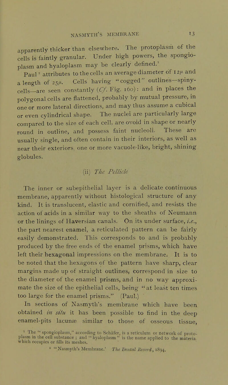 apparently thicker than elsewhere. The protoplasm of the cells is faintly granular. Under high powers, the spongio- plasm and hyaloplasm may be clearly defined/ Paul -■ attributes to the cells an average diameter of 12/^- and a length of 2Cells having cogged outlines—spiny- cells—are seen constantly ((^. Fig. 160): and in places the polygonal cells are flattened, probably by mutual pressure, in one or more lateral directions, and may thus assume a cubical or even cylindrical shape. The nuclei are particularly large compared to the size of each cell, are ovoid in shape or nearly round in outline, and possess faint nucleoli. These are usually single, and often contain in their interiors, as well as near their exteriors, one or more vacuole-like, bright, shining globules. (ii) The Pellicle The inner or subepithelial layer is a delicate continuous membrane, apparently without histological structure of any kind. It is translucent, elastic and cornified, and resists the action oi'acids in a similar way to the sheaths of Neumann or the linings of Haversian canals. On its under surface, i.e., the part nearest enamel, a reticulated pattern can be fairly easily demonstrated. This corresponds to and is probably produced by the free ends of the enamel prisms, which haVe left their hexagonal impressions on the membrane. It is to be noted that the hexagons of the pattern have sharp, clear margins made up of straight outlines, correspond in size to the diameter of the enamel prisms, and in no way approxi- mate the size of the epithelial cells, being  at least ten times too large for the enamel prisms. (Paul.) In sections of Nasmyth's membrane which have been, obtained in sittt it has been possible to find in the deep enamel-pits lacunae similar to those of osseous tissue, ^ The  spongiopla.sm, according to Scliafer, is a reticulum or network of proto- plasm in the cell substance ; and  hyaloplasm  is the name applied to the materia which occupies or fills its meshes. '■'  Nasmyth's Membrane.' The Dental Record, 1894.