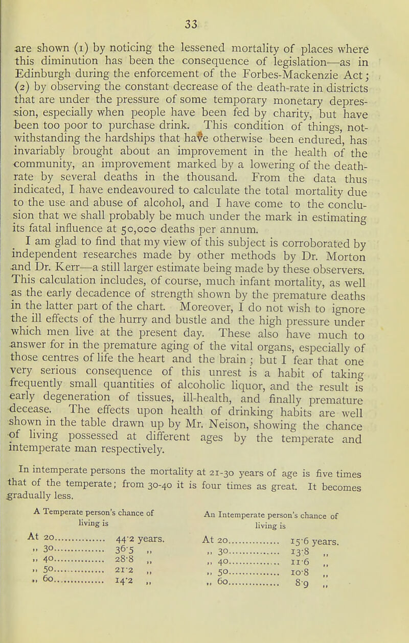 are shown (i) by noticing the lessened mortality of places where this diminution has been the consequence of legislation—as in Edinburgh during the enforcement of the Forbes-Mackenzie Act; (2) by observing the constant decrease of the death-rate in districts that are under the pressure of some temporary monetary depres- sion, especially when people have been fed by charity, but have been too poor to purchase drink. This condition of things, not- wdthstanding the hardships that have otherwise been endured, has invariably brought about an improvement in the health of the community, an improvement marked by a lowering of the death- rate by several deaths in the thousand. From the data thus indicated, I have endeavoured to calculate the total mortality due to the use and abuse of alcohol, and I have come to the conclu- sion that we shall probably be much under the mark in estimating its fatal influence at 50,000 deaths per annum. I am glad to find that my view of this subject is corroborated by independent researches made by other methods by Dr. Morton and Dr. Kerr—a still larger estimate being made by these observers. This calculation includes, of course, much infant mortality, as well as the early decadence of strength shown by the premature deaths in the latter part of the chart. Moreover, I do not wish to ignore the ill effects of the hurry and bustle and the high pressure under which men live at the present day. These also have much to answer for in the premature aging of the vital organs, especially of those centres of life the heart and the brain ; but I fear that one very serious consequence of this unrest is a habit of taking frequenriy small quantities of alcoholic liquor, and the result is early degeneration of tissues, ill-health, and finally premature decease. The effects upon health of drinking habits are well ■shown m the table drawn up by Mr. Neison, showing the chance ■of hvmg possessed at different ages by the temperate and mtemperate man respectively. In intemperate persons the mortality at 21-30 years of age is five times that of the temperate; from 30-40 it is four times as great. It becomes gradually less. A Temperate person's chance of An Intemperate person's chance of living is living i^ ^° 44'2 years. At 20 15 6 years.  30 36 5 .. ,. 30 13-8 „ •' 40 28-8 .. ., 40 116 „ 50 21-2 60. .. 50 IO-8 I4'2 .. .. 60 8-9