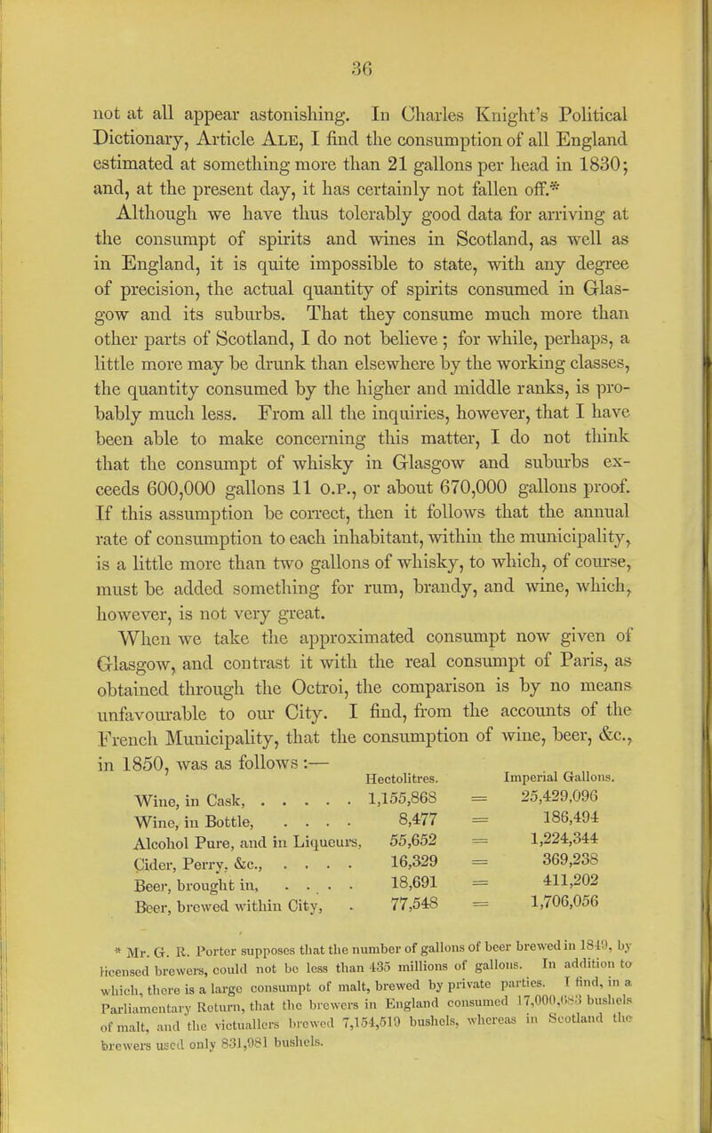 not at all appear astonishing. In Charles Knight's Political Dictionary, Article Ale, I find the consumption of all England estimated at something more than 21 gallons per head in 1830; and, at the present day, it has certainly not fallen off.* Although we have thus tolerably good data for arriving at the consumpt of spirits and wines in Scotland, as well as in England, it is quite impossible to state, with any degree of precision, the actual quantity of spirits consumed in Glas- gow and its suburbs. That they consume much more than other parts of Scotland, I do not believe ; for while, perhaps, a little more may be drunk than elsewhere by the working classes, the quantity consumed by the higher and middle ranks, is pro- bably much less. From all the inquiries, however, that I have been able to make concerning this matter, I do not think that the consumpt of whisky in Glasgow and subvu-bs ex- ceeds 600,000 gallons 11 O.P., or about 670,000 gallons proof. If this assumption be correct, then it follows that the annual rate of consumption to each inhabitant, within the municipality, is a little more than two gallons of whisky, to which, of course, must be added something for rum, brandy, and wine, which, however, is not very great. When we take the approximated consumpt now given of Glasgow, and contrast it with the real consumpt of Paris, as obtained through the Octroi, the comparison is by no means unfavourable to our City. I find, from the accounts of the French Municipality, that the consumption of wine, beer, &c., in 1850, was as follows :— Hectolitres. Imperial Gallons. Wine, in Cask, 1,155,868 = 25,429,096 Wine, in Bottle, .... 8,477 = 186,494 Alcohol Pure, and in Liqueui-s, 55,652 = 1,224,344 Cider, Perry. &c., .... 16,329 = 369,238 Beer, brought in, ..... 18,691 = 411,202 Beer, brewed within City, . 77,548 = 1,706,056 * Mr. G. R. Porter supposes that the number of gallons of beer brewed in 181!t, by licensed brewera, could not be less than 435 millions of gallons. In addition to which, there is a largo consumpt of malt, brewed by private parties. I find, in a Parliamentary Return, that the brewers in England consumed 17,000,(lt^3 bushels of malt, and the victuallers browed 7,154,519 bushels, whereas in Scotland the brewers used only 831,981 bushels.