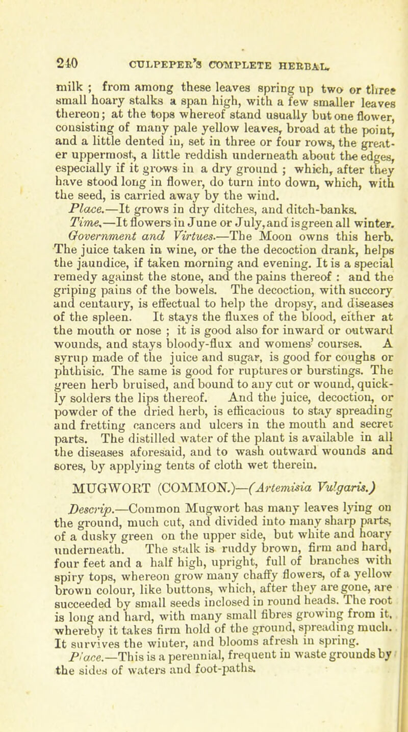 milk ; from among these leaves spring up two or three small hoary stalks a span high, with a few smaller leaves thereon; at the tops whereof stand usually but one flower, consisting of many pale yellow leaves, broad at the point, and a little dented in, set in three or four rows, the great- er uppermost, a little reddish underneath about the edges, especially if it grows in a dry ground ; which, after they have stood long in flower, do turn into down, which, with the seed, is carried away by the wind. Place.—It grows in dry ditches, and ditch-banks. Time,—It flowers in June or July,and isgreen all winter. Government and Virtues-—The Moon owns this herb. The juice taken in wine, or the the decoction drank, helps the jaundice, if taken morning and evening. It is a special remedy against the stone, and the pains thereof : and the griping pains of the bowels. The decoction, with succory and centaury, is effectual to help the dropsy, and diseases of the spleen. It stays the fluxes of the blood, either at the mouth or nose ; it is good also for inward or outwanl wounds, and stays bloody-flux and womens' courses. A syrup made of the juice and sugar, is good for coughs or phthisic. The same is good for ruptures or burstings. The green herb bruised, and bound to any cut or wound, quick- ly solders the lips thereof. And the juice, decoction, or powder of the dried herb, is efficacious to stay spreading and fretting cancers and ulcers in the mouth and secret parts. The distilled water of the plant is available in all the diseases aforesaid, and to wash outward wounds and Bores, by applying tents of cloth wet therein. MUGWORT (COMMON.)—('^rdemwia Vulgaris.) Descrip.—Common Mugwort has many leaves Mng on the ground, much cut, and divided into many sharp parts, of a dusky green on the upper side, but white and hoary underneath. The stalk is ruddy brown, firm and hard, four feet and a half high, upright, full of branches with spiry tops, whereon grow many chaffy flowers, of a yellow brown colour, like buttons, which, after they are gone, are succeeded by small seeds inclosed in round heads. The root is long and hard, with many small fibres growing from it,, whereby it takes firm hold of the ground, spreading much.. It survives the winter, and blooms afresh m spring. p/acc—This is a perennial, frequent in waste grounds by f the sides of waters and foot-patlis.