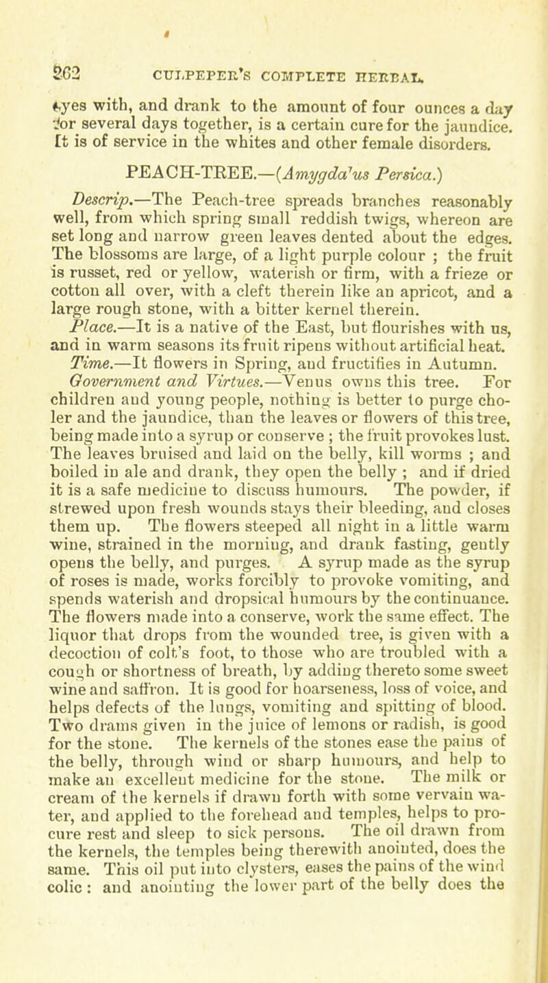 SG2 CULPEPEE's complete HEKBAIfc #,yes with, and drank to the amount of four ounces a dnj •jor several days together, is a certain cure for the jaundice. It is of service in the whites and other female disorders. PEACH-TEEE.—(Jmy^cfa'«5 Persica.) Descrip.—The Peach-tree spreads branches reasonably well, from which sprinf:f small reddish twigs, whereon are set long and narrow green leaves dented about the edges. The blossoms are large, of a light purple colour ; the fruit is russet, red or yellow, waterish or firm, with a frieze or cotton all over, with a cleft therein like an apricot, and a large rough stone, with a bitter kernel therein. Place.—It is a native of the East, but flourishes with us, and in warm seasons its fruit ripens without artificial heat. Time.—It flowers in Spring, and fructifies in Autumn. Oovernment and Virtues.—Venus owns this tree. For children and young people, nothing is better to purge cho- ler and the jaundice, than the leaves or flowers of this tree, being made into a syrup or conserve ; the i'ruit provokes lust. The leaves bruised and laid on the belly, kill worms ; and boiled in ale and drank, they open the belly ; and if dried it is a safe medicine to discuss humours. The powder, if strewed upon fresh wounds stays their bleeding, and closes them up. The flowers steeped all night in a little warm wine, strained in the morning, and drank fasting, gently opens the belly, and pui'ges. A syrup made as the syrup of roses is made, works forcibly to provoke vomiting, and spends waterish and dropsical humours by the continuance. The flowers made into a conserve, Avork the same effect. The liquor that drops from the wounded tree, is given with a decoction of colt's foot, to those who are troubled with a couL;h or shortness of bi-eath, by adding thereto some sweet wine and saffron. It is good for hoarseness, loss of voice, and helps defects of the Inngs, vomiting and spitting of blood. Two drams given in the juice of lemons or radish, is good for the stone. The kernels of the stones ease the pains of the belly, through wind or sharp humours, and help to make an excellent medicine for the stone. The milk or cream of the kernels if drawn forth with some vervain wa- ter, and applied to the forehead and temples, helps to pro- cure rest and sleep to sick persons. The oil drawn from the kernels, the temples being therewitli anointed, does the same. This oil put into clysters, eases the pains of the wind colic : and anointing the lower part of the belly does the