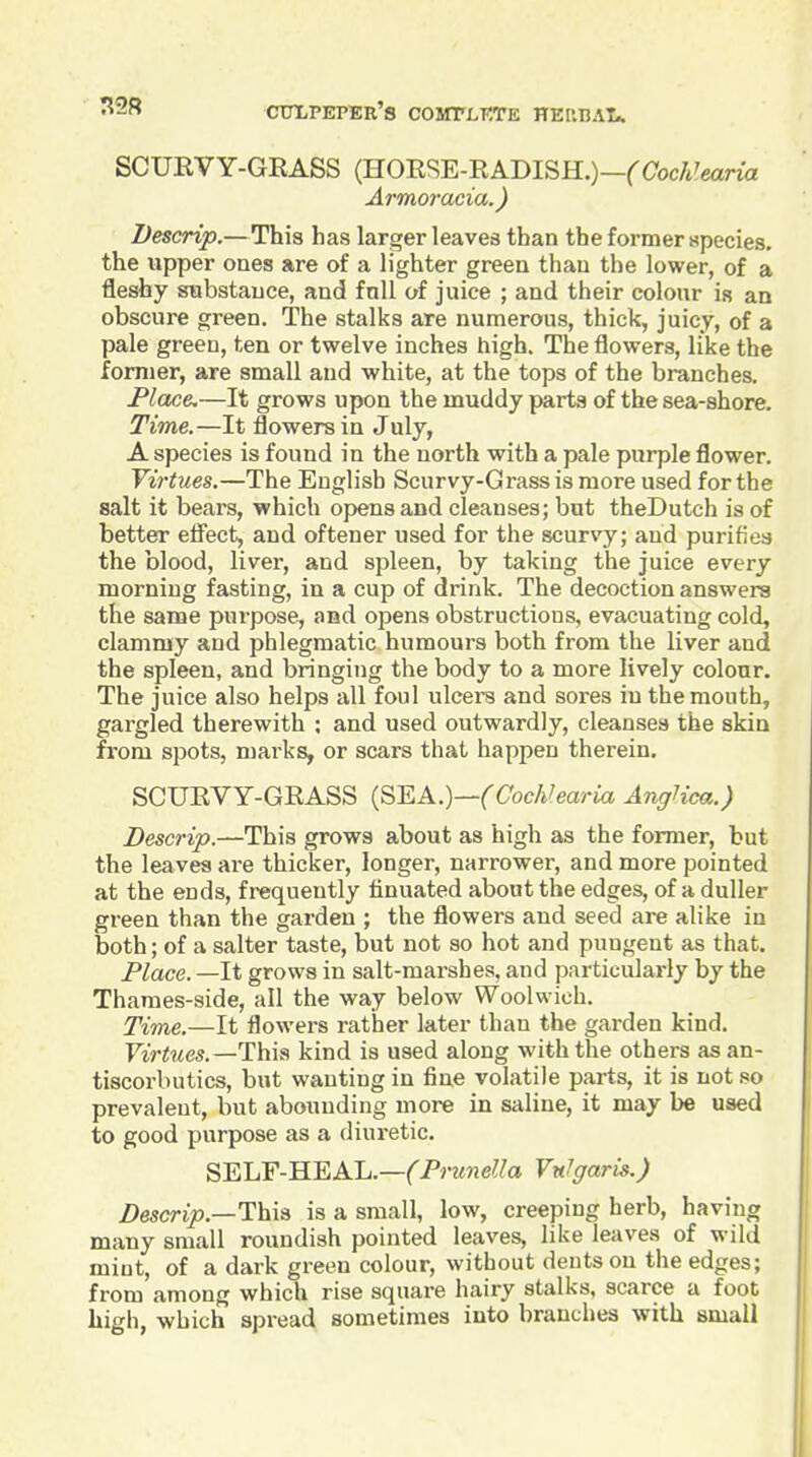 SCUEVY-GRASS (HORSE-RADISH.)—('Coc/t^earw Armoracia.) Bescrip.—This has larger leaves than the former species, the upper ones are of a lighter greea than the lower, of a fleshy siabstauce, and fall of juice ; and their colour is aa obscure green. The stalks are numerous, thick, juicy, of a pale green, ten or twelve inches high. The flowers, like the former, are small and white, at the tops of the branches. Place.—It grows upon the muddy parts of the sea-shore. Time.—It flowers in July, A species is found in the north with a pale purple flower. Virtues.—The English Scurvy-Grass is more used for the salt it bears, which opens and cleanses; but theDutch is of better eff'ect, and oftener used for the scur%'y; and purifies the blood, liver, and spleen, by taking the juice every morning fasting, in a cup of drink. The decoction answers the same purpose, and opens obstructions, evacuating cold, clammy and phlegmatic humours both from the liver and the spleen, and bringing the body to a more lively colour. The juice also helps all foul ulcers and sores in the mouth, gargled therewith ; and used outwardly, cleanses the skin from spots, marks, or scars that happen therein. SCURVY-GRASS Cochlearia AngHca.) Descrip.—This grows about as high as the former, but the leaves are thicker, longer, narrower, and more pointed at the ends, frequently tinuated about the edges, of a duller green than the garden ; the flowers and seed are alike in both; of a Salter taste, but not so hot and pungent as that. Place. —It grows in salt-marshes, and particularly by the Thames-side, all the way below Woolwich. Tirne.—It flowers rather later than the garden kind. Virtues.—l!h.\s kind is used along with the others as an- tiscorbutics, but wanting in fine volatile parts, it is not so prevalent, but abounding more in saline, it may be used to good purpose as a diuretic. SELF-HEAL.—{^PrM72C?/a Vulgaris.) Z)escn>.—This is a small, low, creeping herb, having many small roundish pointed leaves, like leaves of wild mint, of a dark green colour, without dents on the edges; from among which rise square hairy stalks, scarce a foot high, which spread sometimes into branches with small