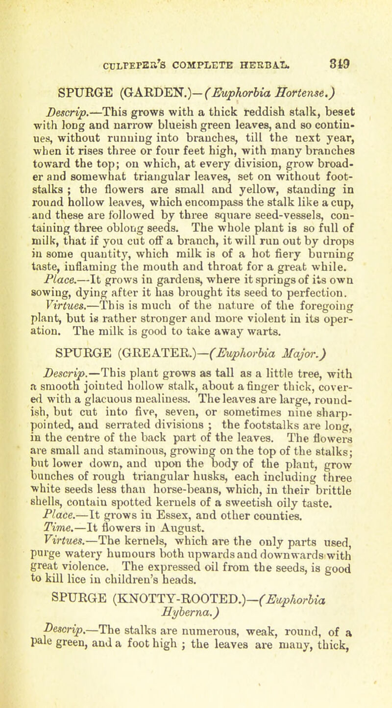 SPURGE (GARDEN.)-r^wpAorftia Hortense.) Descrip.—This grows with a thick reddish stalk, beset with long and narrow blueish green leaves, and so contiu- ues, without running into branches, till the next year, when it rises three or four feet high, with many branches toward the top; on which, at every division, grow broad- er and somewhat triangular leaves, set on without foot- stalks ; the flowers are small and yellow, standing in roufld hollow leaves, which encompass the stalk like a cup, and these are followed by three square seed-vessels, con- taining three oblong seeds. The whole plant is so full of milk, that if you cut off a branch, it will run out by drops in some quantity, which milk is of a hot fiery burning taste, inflaming the mouth and throat for a great while. Place.—It grows in gardens, where it springs of its own sowing, dying after it has brought its seed to perfection. Virtues.—This is much of the nature of the foregoing plant, but is rather stronger and more violent in its oper- ation. The milk is good to take away warts. SPURGE (GREATER.)—(^^wpAorfem Major.) Lescrip.—This plant grows as tall as a little tree, with a smooth jointed hollow stalk, about a finger thick, cover- ed with a glacuous mealiness. The leaves are large, round- ish, but cut into five, seven, or sometimes nine sharp- pointed, and serrated divisions ; the footstalks are long, in the centre of the back part of the leaves. The flowers are small and staminous, growing on the top of the stalks; but lower down, and upon the body of the plant, grow bunches of rough triangular husks, each including three white seeds less than horse-beans, which, in their brittle shells, contain spotted kernels of a sweetish oily taste. Place.—It grows in Essex, and other counties. Time.—It flowers in August. Virtues.—The kernels, which are the only parts used, purge watery humours both upwards and downwards with great violence. The expressed oil from the seeds, is good to kill lice in children's heads. SPURGE (KNOTTY-ROOTED.)—f^ifpAorJio Hyherna.) Descrip.—The stalks are numerous, weak, round, of a pale green, and a foot high ; the leaves are many, thick,
