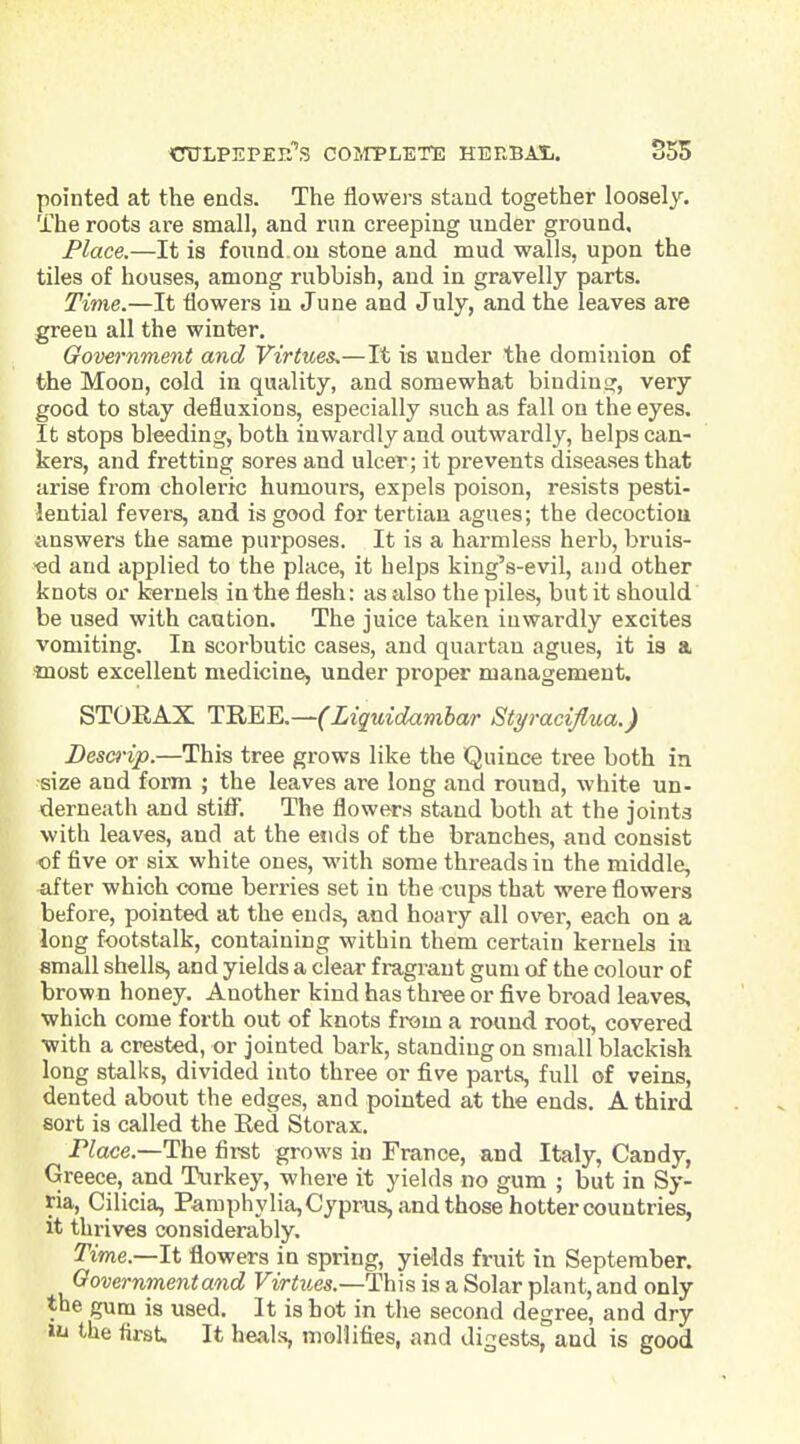 pointed at the ends. The flowers stand together loosely. The roots are small, and run creeping under ground. Place.—It is found.on stone and mud walls, upon the tiles of houses, among rubbish, and in gravelly parts. Time.—It flowers iu June and July, and the leaves are green all the winter. Government and Virtues.—It is under the dominion of the Moon, cold in quality, and somewhat bindiuij, very good to stay defiuxions, especially such as fall on the eyes. It stops bleeding, both inwardly and outwardly, helps can- kers, and fretting sores and ulcer; it prevents diseases that arise from choleric humours, expels poison, resists pesti- lential fevers, and is good for tertian agues; the decoction answers the same purposes. It is a harmless herb, bruis- ed and applied to the place, it helps kiug's-evil, and other knots or kernels in the flesh: as also the piles, but it should be used with caution. The juice taken inwardly excites vomiting. In scorbutic cases, and quartan agues, it is a most excellent medicine, under proper management. STOEAX 'TU^^.—(Liquidavibar Styracifiua.) Descrip.—This tree grows like the Quince tree both in size and form ; the leaves are long and round, white un- derneath and stiff. The flowers stand both at the joints with leaves, and at the ends of the branches, and consist of five or six white ones, with some threads in the middle, after which come berries set in the cups that were flowers before, pointed at the ends, and hoary all over, each on a long footstalk, containing within them certain kernels in small shells, and yields a clear fragrant gum of the colour of brown honey. Another kind has three or five broad leaves, which come forth out of knots from a round root, covered with a crested, or jointed bark, standing on small blackish long stalks, divided into three or five parts, full of veins, dented about the edges, and pointed at the ends. A third sort is called the Eed Stoi'ax. P^ace.—The first grows in France, and Italy, Candy, Greece, and Turkey, where it yields no gum ; but in Sy- ria, Cilicia, Pamphylia, Cyprus, and those hotter countries, it thrives considerably. Time.—It flowers in spring, yields fruit in September. Oovernmentand Firtzies.—This is a Solar plant, and only the gum is used. It is hot in the second degree, and dry >ii the first It heals, mollifies, and digests, and is good