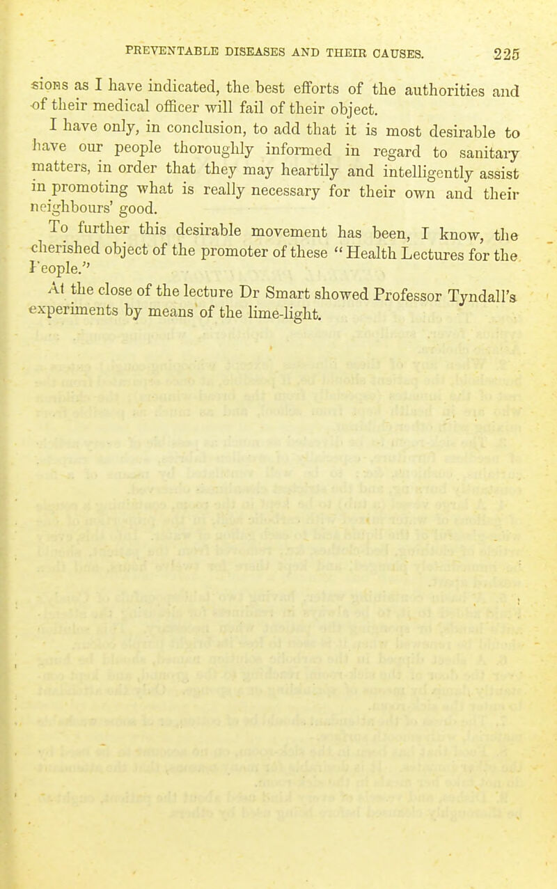 sioHs as I have indicated, the best eflforts of the authorities and of their medical officer will fail of their object. I have only, in conclusion, to add that it is most desirable to liave our people thoroughly informed in regard to sanitaiy matters, in order that they may heartily and intelligently assist m promoting what is really necessary for their own and their neighbours' good. To further this desirable movement has been, I know, the cherished object of the promoter of these  Health Lectures for the J'eople.'' Al the close of the lecture Dr Smart showed Professor Tyndall's experiments by means of the lime-light.