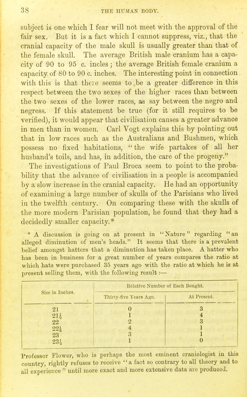 subject is one which I fear will not meet with the approval of the fair sex. But it is a fact which I cannot suppress, viz., that the cranial capacity of the male skull is usually greater than that of the female skull. The average British male cranium has a capar city of 90 to 95 c. incles; the average British female cranium a capacity of 80 to 90 c. inches. The interesting point in connection with this is that there seems to be a greater difference in this respect between the two sexes of the higher races than between the two sexes of the lower races, as say between the negro and negress. If this statement be true (for it stUl requires to be verified), it would appear that civilisation causes a greater advance in men than in women. Carl Vogt explains this by pointing out that in low races such as the Australians and Bushmen, which possess no fixed habitations,  the wife partakes of all her husband's toils, and has, in addition, the care of the progeny. The investigations of Paul Broca seem to point to the proba- bility that the advance of civilisation in a people is accompanied by a sloAV increase in the cranial capacity. He had an opportunity of examining a large number of skulls of the Parisians who lived in the twelfth century. On comparing these with the skulls of the more modern Parisian population, he found that they had a decidedly smaller capacity.* * A discussion is going on at present in Nature regarding an alleged diminution of men's heads. It seems that there is a prevalent belief amongst hatters that a diminution has taken place. A hatter who has been in business for a great number of years compares the ratio at which hats were purchased .35 years ago with the ratio at which he is at present selling them, with the following result:— Size in Indies. Relative Number of Eacli Bouglit. Tliii ty-fivo Years Ago. At Present. 21 0 3 214 1 4 22 2 3 224 4 1 23 3 1 234 1 0 Professor Flower, who is perhaps the most eminent craniologist in this country, rightly refuses to receive '' a fact so contrary to all theory and to all experience  until more exact and more extensive data ni e produced.