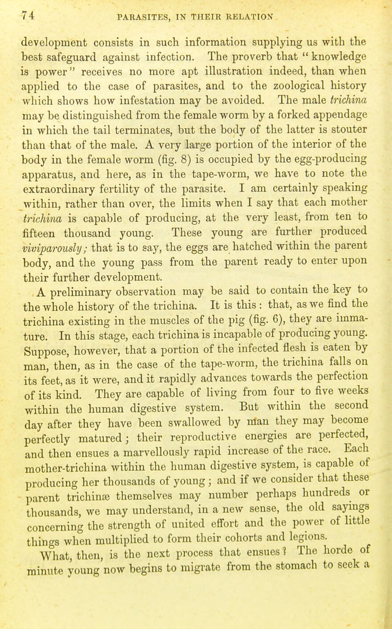 development consists in such information supplying us with the best safeguard against infection. The proverb that  knowledge is power receives no more apt illustration indeed, than when applied to the case of parasites, and to the zoological history which shows how infestation may be avoided. The male trichina may be distinguished from the female worm by a forked appendage in which the tail terminates, but the body of the latter is stouter than that of the male. A very large portion of the interior of the body in the female worm (fig. 8) is occupied by the egg-producing apparatus, and here, as in the tape-worm, we have to note the extraordinary fertility of the parasite. I am certainly speaking within, rather than over, the limits when I say that each mother trichina is capable of producing, at the very least, from ten to fifteen thousand young. These young are further produced viviparously; that is to say, the eggs are hatched within the parent body, and the young pass from the parent ready to enter upon their further development. A preliminary observation may be said to contain the key to the whole history of the trichina. It is this : that, as we find the trichina existing in the muscles of the pig (fig. 6), they are imma- ture. In this stage, each trichina is incapable of producing young. Suppose, however, that a portion of the infected flesh is eaten by man, then, as in the case of the tape-worm, the trichina falls on its feet, as it were, and it rapidly advances towards the perfection of its kind. They are capable of living from four to five weeks within the human digestive system. But within the second day after they have been swallowed by man they may become perfectly matured; their reproductive energies are perfected, and then ensues a marvellously rapid increase of the race. Each mother-trichina within the human digestive system, is capable of producing her thousands of young ; and if we consider that these parent trichinse themselves may number perhaps hundreds or thousands, we may understand, in a new sense, the old sayings concerning the strength of united effort and the power of little things when multiplied to form their cohorts and legions. What, then, is the next process that ensues 1 The horde of minute young now begins to migrate from the stomach to seek a