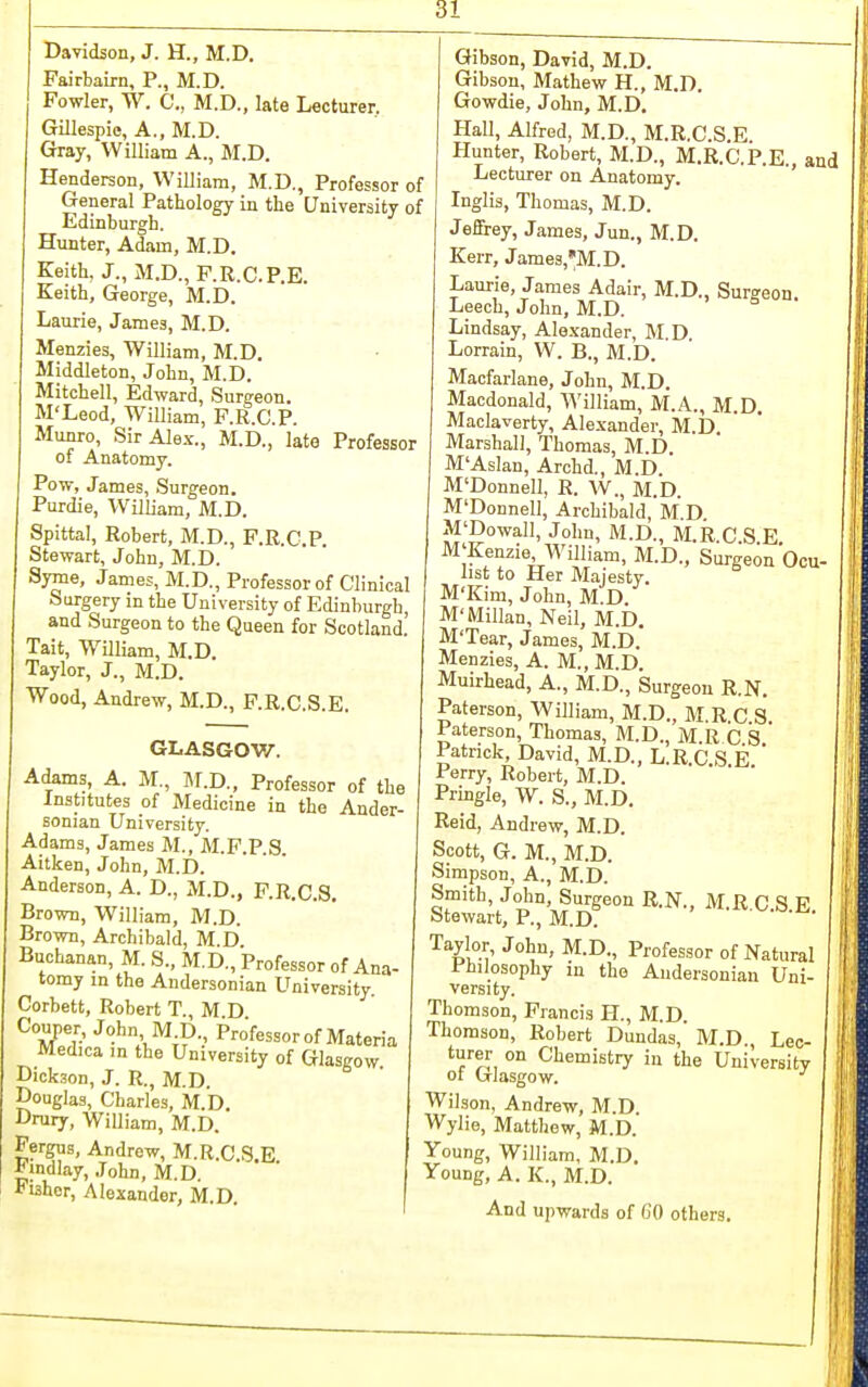 Dayidson, J. H., M.D. Fairbairn, P., M.D. [ Fowler, W. C, M.D., late Lecturer, Gillespie, A., M.D. Gray, William A., M.D. Henderson, William, M.D., Professor of General Pathology in the University of Edinburgh. Hunter, Adam, M.D. Keith, J., M.D., F.R.C.P.E. Keith, George, M.D. Laurie, James, M.D. Menzies, William, M.D. Middleton, John, M.D. Mitchell, Edward, Surgeon. M'Leod, William, F.R.C.P. Munro, SirAle.Y., M.D., late Professor of Anatomy. Pow, James, Surgeon. Purdie, William, M.D. Spittal, Robert, M.D., F.R.C.P. Stewart, John, M.D. ' I Syme, James, M.D., Professor of Clinical Surgery in the University of Edinburgh and Surgeon to the Queen for Scotland.' Tait, William, M.D. Taylor, J., M.D. Wood, Andrew, M.D., F.R.C.S.E. GLASGOW. Aikms, A. M., ]\I.D., Professor of the Institutes of Medicine in the Ander- sonian University. Adams, James M., M.F.P.S Aitken, John, M.D. Anderson, A. D., M.D., F.R.C.S. Brown, William, M.D. Brown, Archibald, M.D Buchanan, M. S., M.D., Professor of Ana- tomy in the Andersonian University. Corbett, Robert T., M D Couper, John M p._, ProVessor of Materia Medica m the University of Glasgow Dickson, J. R., M.D. Douglas, Charles, M.D. Drury, William, M.D. Fergus, Andrew, M.R.C.S.E *mdlay, John, M.D. Hisber, Alexander, M D Gibson, David, M.D. Gibson, Mathew H., M.D. Gowdie, John, M.D. Hall, Alfred, M.D., M.R.C.S.E Hunter, Robert, M.D., M.R.C.P.E., and Lecturer on Anatomy. Inglis, Thomas, M.D. Jeffrey, James, Jun., M.D. Kerr, James,'M.D. Laurie, James Adair, M.D., Suro-eon Leech, John, M.D. ° Lindsay, Alexander, M.D. Lorrain, W. B., M.D. Macfarlane, John, M.D. Macdonald, William, M.A., M.D, Maclaverty, Alexander, M.D Marshall, Thomas, M.D. M'Aslan, Archd,, M.D. M'Donnell, R. W., M.D. M'Donnell, Archibald, M.D. M'Dowall, John, M.D., M.R C S E I M'Kenzie^'illiam, M.D., Surgeon Ocu- list to Her Majesty. M'Kim, John, M.D M'Millan, Neil, M.D. M'Tear, James, M.D. Menzies, A. M., M.D. Muirhead, A., M.D., Surgeon R.N. Paterson, William, M.D., M R C 8 Paterson, Thomas, M.D., M R C 8 ' Patrick, David, M.D., L.R C S E  Perry, Robert, M.D.   ' Pringle, W. 8., M.D. Reid, Andrew, M.D. Scott, G. M., M.D. Simpson, A., M.D. Smith, John, Surgeon R.N., M.R C S E Stewart, P., M.D. -^.o.r.. Taylor, John, M.D., Professor of Natural i'tiilosophy in the Andersonian Uni- versity. Thomson, Francis H., M.D. Thomson, Robert Dundas, M.D Lec- turer on Chemistry in the University 01 Crlasgow. Wilson, Andrew, M.D. Wylio, Matthew, M.D. Young, William, M.D. Young, A. K., M.D. And upwards of CO others.