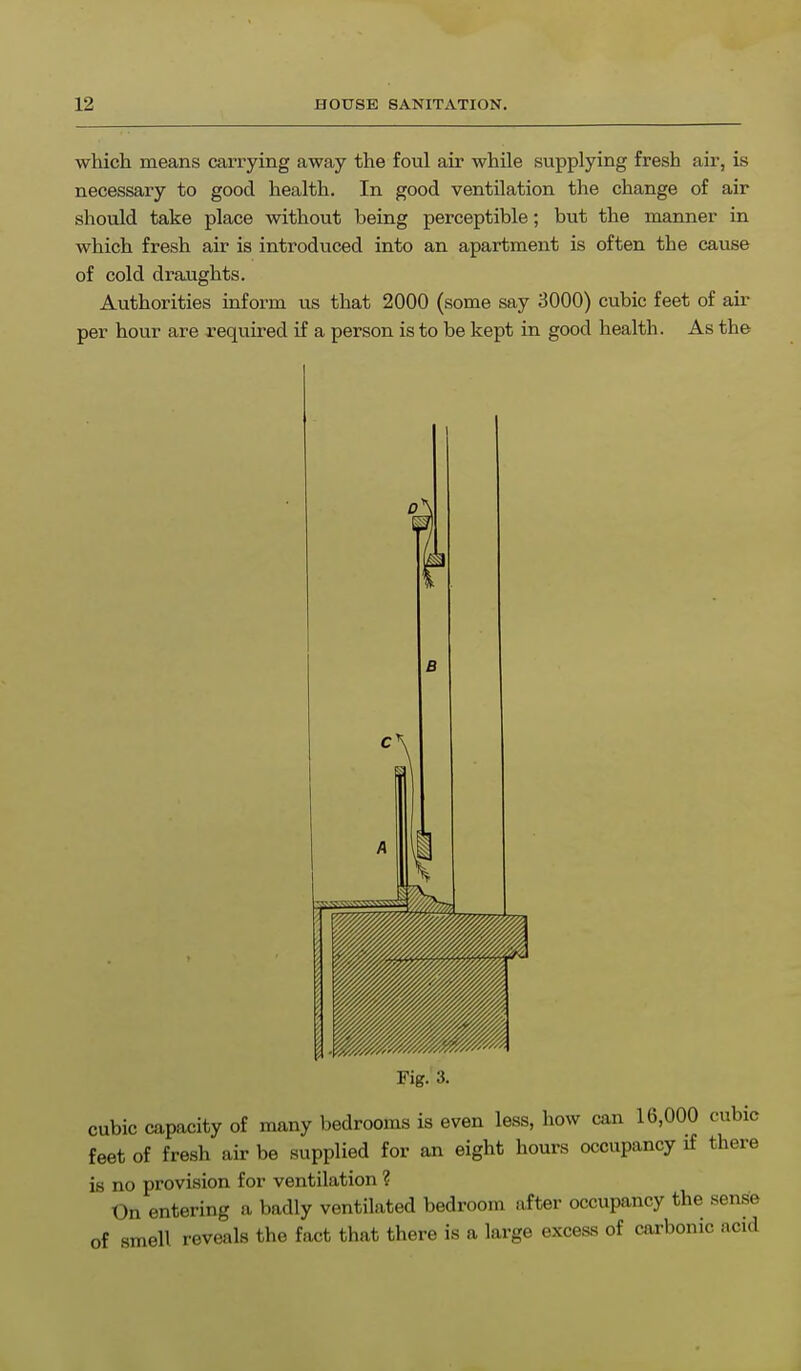 which means carrying away the foul air while supplying fresh air, is necessary to good health. In good ventilation the change of air should take place without being perceptible; but the manner in which fresh air is introduced into an apartment is often the cause of cold draughts. Authorities inform us that 2000 (some say 3000) cubic feet of air per hour are required if a person is to be kept in good health. As the B Fig. 3. cubic capacity of many bedrooms is even less, how can 16,000 cubic feet of fresh air be supplied for an eight hours occupancy if there is no provision for ventilation ? On entering a badly ventilated bedroom after occupancy the sense of smell reveals the fact that there is a large excess of carbonic acid