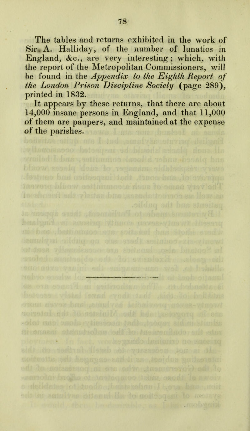 The tables and returns exhibited in the work of Sir* A. Halliday, of the number of lunatics in England^ &c., are very interesting; which, with the report of the Metropolitan Commissioners, will be found in the Appendix to the Eighth Report of the London Prison Discipline Society (page 289), printed in 1832. It appears by these returns, that there are about 14,000 insane persons in England, and that 11,000 of them are paupers, and maintained at the expense of the parishes.