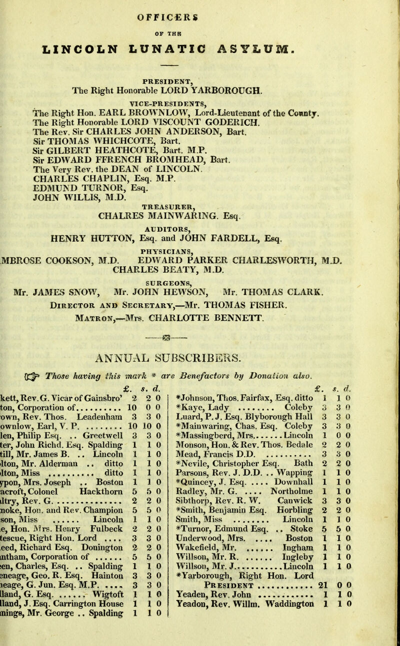 LINCOLN OFFICERS OP THE LUNATIC ASYLUM. PRESIDENT, The Right Honorable LORD YARBOROUGH. VICE-PRESIDENTS, The Right Hon. EARL BROWNLOW, Lord-Lieutenant of the County. The Right Honorable LORD VISCOUNT GODERICH. The Rev. Sir CHARLES JOHN ANDERSON, Bart. Sir THOMAS WHICHCOTE, Bart. Sir GILBERT HEATHCOTE, Bart. M.P. Sir EDWARD FFRENCH BROMHEAD, Bart. The Very Rev. the DEAN of LINCOLN. CHARLES CHAPLIN, Esq. M P. EDMUND TURNOR, Esq. JOHN WILLIS, M.D. CHALRES MAINWARING. Esq. AUDITORS, HENRY HUTTON, Esq. and JOHN FARDELL, Esq. PHYSICIANS, MBROSE COOKSON, M.D. EDWARD PARKER CHARLESWORTH, M.D. CHARLES BEATY, M.D. SURGEONS, Mr. JAMES SNOW, Mr. JOHN HEWSON, Mr. THOMAS CLARK. Director and Secretary,—Mr. THOMAS FISHER. MATRON,~-Mrs. CHARLOTTE BENNETT. ANNUAL SUBSCRIBERS. Those having this mark * are Benefactors by Donation also. £. d. kett. Rev. G. Vicar of Gaiasbro' 2 2 0 ton. Corporation of 10 0 0 own, Rev. Thos. Leadenham 3 3 0 ownlow. Earl, V. P 10 10 0 len, Philip Esq. .. Greetwell 3 3 0 ter, John Richd. Esq. Spalding 110 till, Mr. James B. .. Lincoln Iton, Mr. Alderman .. ditto titon, Miss ditto j^on, Mrs. Joseph .. Boston acroft, Colonel Hackthorn iltry. Rev. G 2 noke, Hon. and Rev. Champion 5 son. Miss Lincoln 1 e, Hon. Mrs. Henry Fulbeck 2 tescue. Right Hon. Lord .... 3 eed, Richard Esq. Donington lUtham, Corporation of 5 sen, Charles, Esq. .. Spalding 1 sneage, Geo. R. Esq. Hainton 3 leage, G. Jun. Esq. M.P 3 Hand, G. Esq Wigtoft 1 Hand, J. Esq. Carrington House 1 inings, Mr. George .. Spalding 1 0 0 0 0 0 0 0 0 0 0 0 0 0 3 0 3 0 1 0 1 0 1 0 ♦Johnson, Thos. Fairfax, Esq. ditto 110 *Kaye, Lady Coleby 3 3 0 Luard, P. J. Esq. Blyborough Hall 3 3 0 *Mainwaring, Chas. Esq. Coleby 3 3 0 *Massingberd, Mrs Lincoln 1 0 0 Monson, Hon. & Rev. Thos. Bedale 2 20 Mead, Francis D.D 3 30 *NeviIe, Christopher Esq. Bath 2 2 0 Parsons, Rev. J. D.D. .. Wapping 110 ♦Quincey, J. Esq Downhall 110 Radley, Mr. G Northolme 110 Sibthorp, Rev. R. W. Canwick 3 *Smith, Benjamin Esq. Horbling 2 Smith, Miss Lincoln 1 *Turnor, Edmund Esq. .. Stoke 5 Underwood, Mrs Boston 1 Wakefield, Mr Ingham 1 Willson, Mr. R Ingleby 1 Willson, Mr. J Lincoln 1 *Yarborough, Right Hon. Lord President 21 0 0 Yeaden, Rev. John 1 10 Yeadon, Rev, Willm. Waddington 110 3 0 2 0 1 0 5 0 1 0 1 0 1 0 1 0