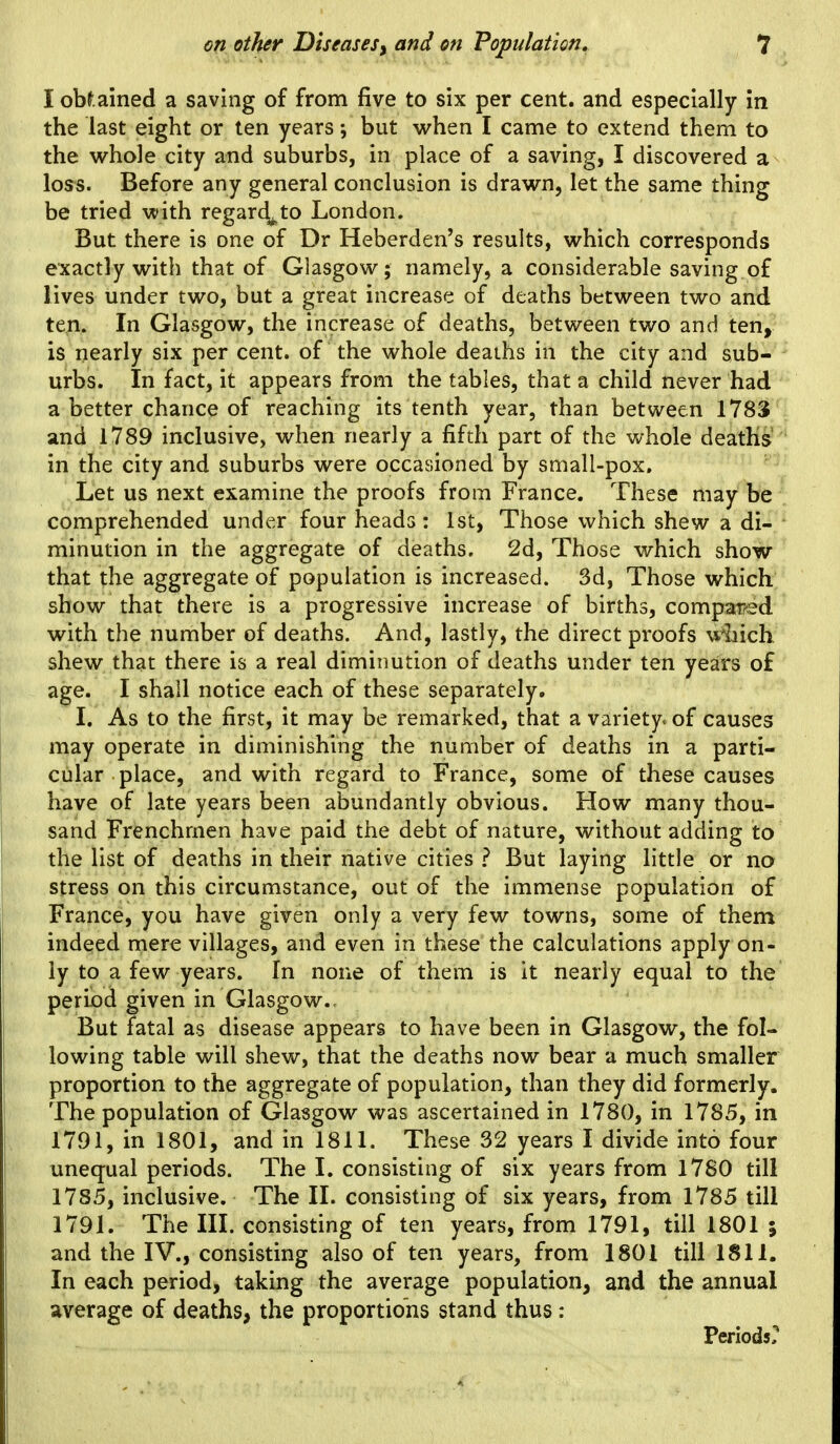 I obtained a saving of from five to six per cent, and especially in the last eight or ten years but when I came to extend them to the whole city and suburbs, in place of a saving, I discovered a loss. Before any general conclusion is drawn, let the same thing be tried with regard^to London. But there is one of Dr Heberden's results, which corresponds exactly with that of Glasgow; namely, a considerable saving of lives under two, but a great increase of deaths between two and ten. In Glasgow, the increase of deaths, between two and ten, is nearly six per cent, of the whole deaths in the city and sub- urbs. In fact, it appears from the tables, that a child never had a better chance of reaching its tenth year, than between 1783 and 1789 inclusive, when nearly a fifth part of the whole deaths in the city and suburbs were occasioned by small-pox. ■ Let us next examine the proofs from France. These may be comprehended under four heads: 1st, Those which shew a di- minution in the aggregate of deaths. 2d, Those which show- that the aggregate of population is increased. 3d, Those which show that there is a progressive increase of births, comparred with the number of deaths. And, lastly, the direct proofs M-iiich shew that there is a real diminution of deaths under ten years of age. I shall notice each of these separately. I. As to the first, it may be remarked, that a variety^ of causes may operate in diminishing the number of deaths in a parti- cular place, and with regard to France, some of these causes have of late years been abundantly obvious. How many thou- sand Frenchmen have paid the debt of nature, without adding to the list of deaths in their native cities But laying little or no stress on this circumstance, out of the immense population of France, you have given only a very few towns, some of them indeed mere villages, and even in these the calculations apply on- ly to a few years. In none of them is it nearly equal to the period given in Glasgow.. But fatal as disease appears to have been in Glasgow, the fol- lowing table will shew, that the deaths now bear a much smaller proportion to the aggregate of population, than they did formerly. The population of Glasgow was ascertained in 1780, in 1785, in 1791, in 1801, and in 1811. These 32 years I divide into four unequal periods. The I. consisting of six years from 1780 till 1785, inclusive. The II. consisting of six years, from 1785 till 1791. The III. consisting of ten years, from 1791, till 1801 ; and the IV., consisting also of ten years, from 1801 till 1811. In each period, taking the average population, and the annual average of deaths, the proportions stand thus: Periods^