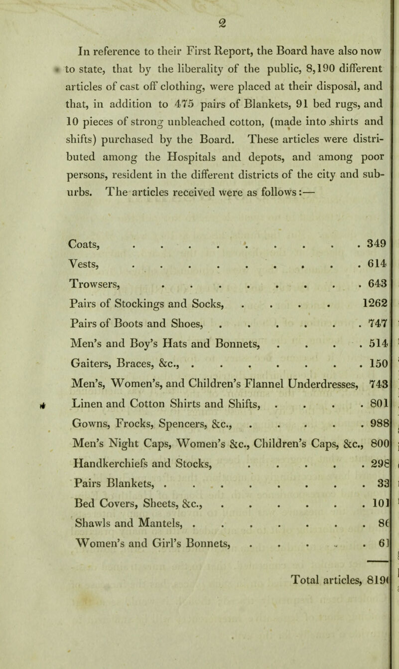 In reference to their First Report, the Board have also now • to state, that by the liberality of the public, 8,190 different articles of cast off clothing, were placed at their disposal, and that, in addition to 475 pairs of Blankets, 91 bed rugs, and 10 pieces of strong unbleached cotton, (made into .shirts and shifts) purchased by the Board. These articles were distri- buted among the Hospitals and depots, and among poor persons, resident in the different districts of the city and sub- urbs. The articles received were as follows:— Coats, . . . . . . . . 349 Vests, . . . 614 Trowsers, ........ 643 Pairs of Stockings and Socks, .... 1262 Pairs of Boots and Shoes, . . . . . .747 Men's and Boy's Hats and Bonnets, . . . .514 Gaiters, Braces, &c, ....... 150 Men's, Women's, and Children's Flannel Underdresses, 743 Linen and Cotton Shirts and Shifts, . . . .801 Gowns, Frocks, Spencers, &c, ..... 988 Men's Night Caps, Women's &c, Children's Caps, &c, 800 Handkerchiefs and Stocks, 298 Pairs Blankets, 33 Bed Covers, Sheets, &c, 101 Shawls and Mantels, 86 Women's and Girl's Bonnets, . . . u .61 Total articles, 819(