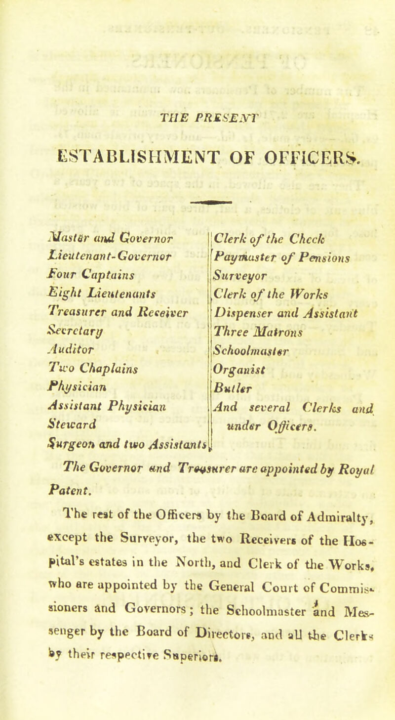 THE PRESEIVT ESTABLISHMENT OF OFFiCERi?^. Jslaster and Governor Lieutenant- Governor Four Captains Sight Lieutenants Treasurer and Receiver Secret ari/ yiuditor Two Chaplains fhi/sician Assistant Physieian Clerk of the Check Paymaster of Pensions Surveyor Clerk of the Works Dispenser and Assistant Three Matrons Schooltnasl«r Organist BulUr And several Clerks and, under Officers. isteicard Surgeon and two Assistants The Governor md Tr04tsHrer are appointed by Royal Patent. The rest of the Officers by the Board of Admiralty, except the Surveyor, the two Receivers of the Hos- pital's estates in the North, and Cleik of the Works, who are appointed by the General Court of Commis^ sioners and Governors; the Schoolmaster and Mes- senger by the Board of Directors, and aU the Clerks fey their reflpective Saperiori.