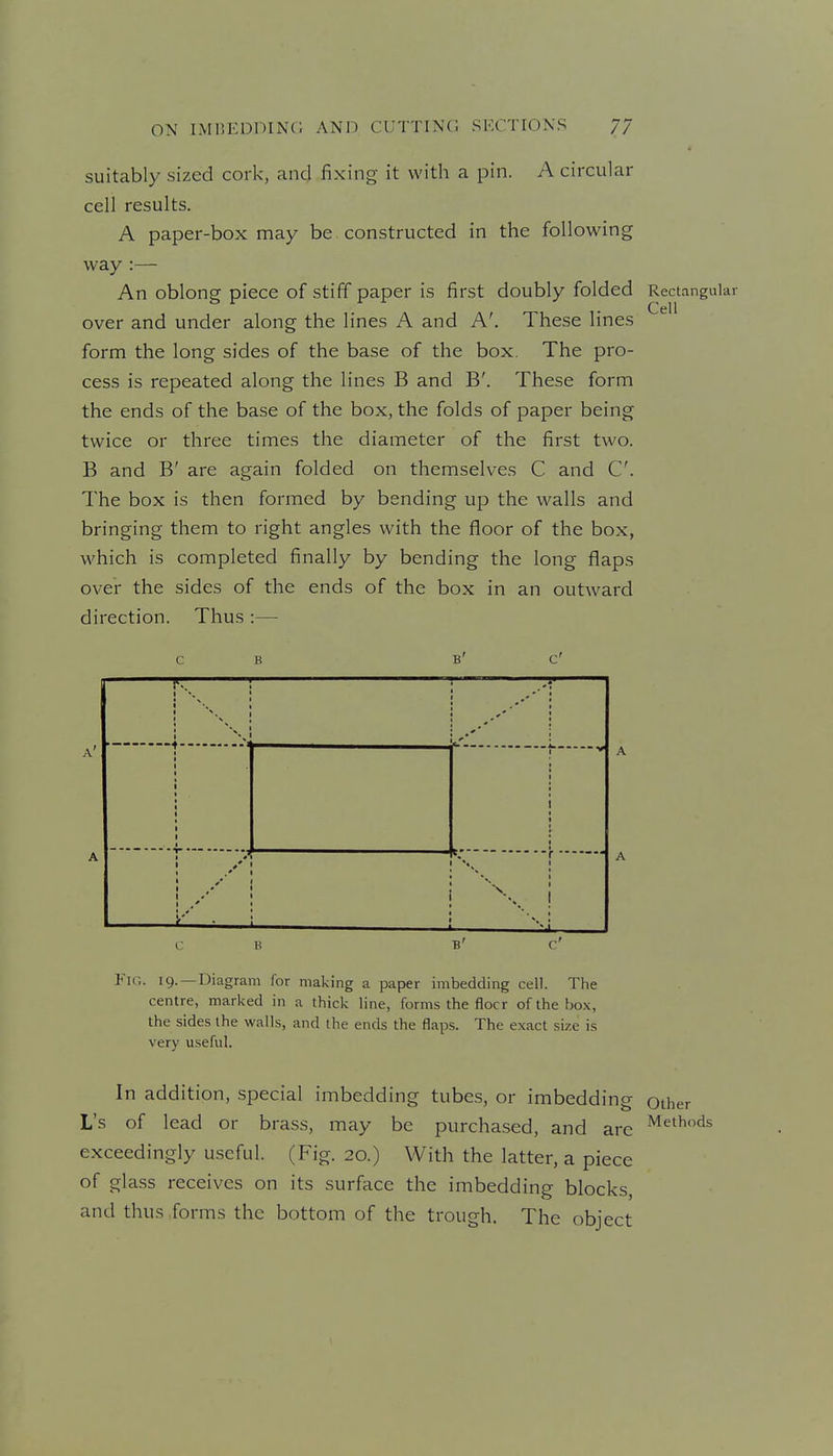 Cell suitably sized cork, and fixing it with a pin. A circular cell results. A paper-box may be constructed in the following way :— An oblong piece of stiff paper is first doubly folded Rectangular over and under along the lines A and A'. These lines form the long sides of the base of the box. The pro- cess is repeated along the lines B and B'. These form the ends of the base of the box, the folds of paper being twice or three times the diameter of the first two. B and B' are again folded on themselves C and C. The box is then formed by bending up the walls and bringing them to right angles with the floor of the box, which is completed finally by bending the long flaps over the sides of the ends of the box in an outward direction. Thus :— 1 ». 1 *, i \ 1 « ! ^-s, : *• • ; >i 1 t » 1 1 1 1 1 1 1 , 1 '''' • 1 Fig. 19. —Diagram for making a paper imbedding cell. The centre, marked in a thick line, forms the floor of the box, the sides the walls, and the ends the flaps. The exact size is very useful. In addition, special imbedding tubes, or imbedding other L's of lead or brass, may be purchased, and are exceedingly useful. (Fig. 20.) With the latter, a piece of glass receives on its surface the imbedding blocks, and thus .forms the bottom of the trough. The object