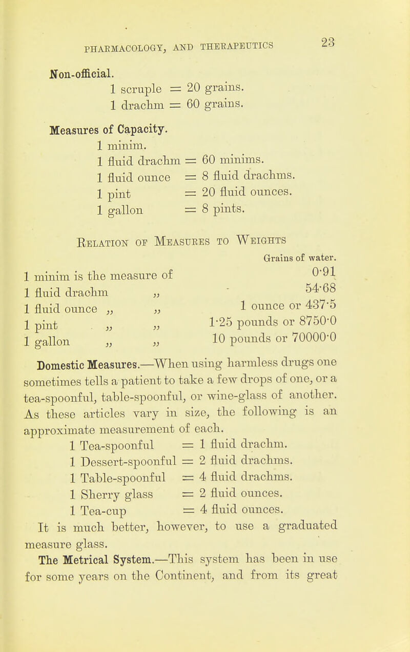 Non-official. 1 scruple = 20 grains. 1 draclini = 60 grains. Measures of Capacity. 1 minim. 1 fluid draclim = 60 minims. 1 fluid ounce = 8 fluid drachms. 1 pint = 20 fluid ounces. 1 gallon = 8 pints. Eelation op Measures to Weights Grains of water. 1 minim is the measure of 1 fluid draolim „ ■ 54-68 1 fluid ounce „ „ 1 ounce or 437-5 I piiit „ 1'25 pounds or 8750-0 1 gallon „ „ 10 pounds or 70000-0 Domestic Measures.—When using harmless drugs one sometimes tells a patient to take a few drops of one, or a tea-spoonful, table-spoonful, or wine-glass of another. As these articles vary in size, the following is an approximate measurement of each. 1 Tea-spoonfu,l = 1 fluid drachm. 1 Dessert-spoonful = 2 fluid drachms. 1 Table-spoonful = 4 fluid drachms. 1 Sherry glass = 2 fluid ounces. 1 Tea-cup = 4 fluid ounces. It is much better, however, to use a graduated measure glass. The Metrical System.—This system has been in use for some years on the Continent, and from its great