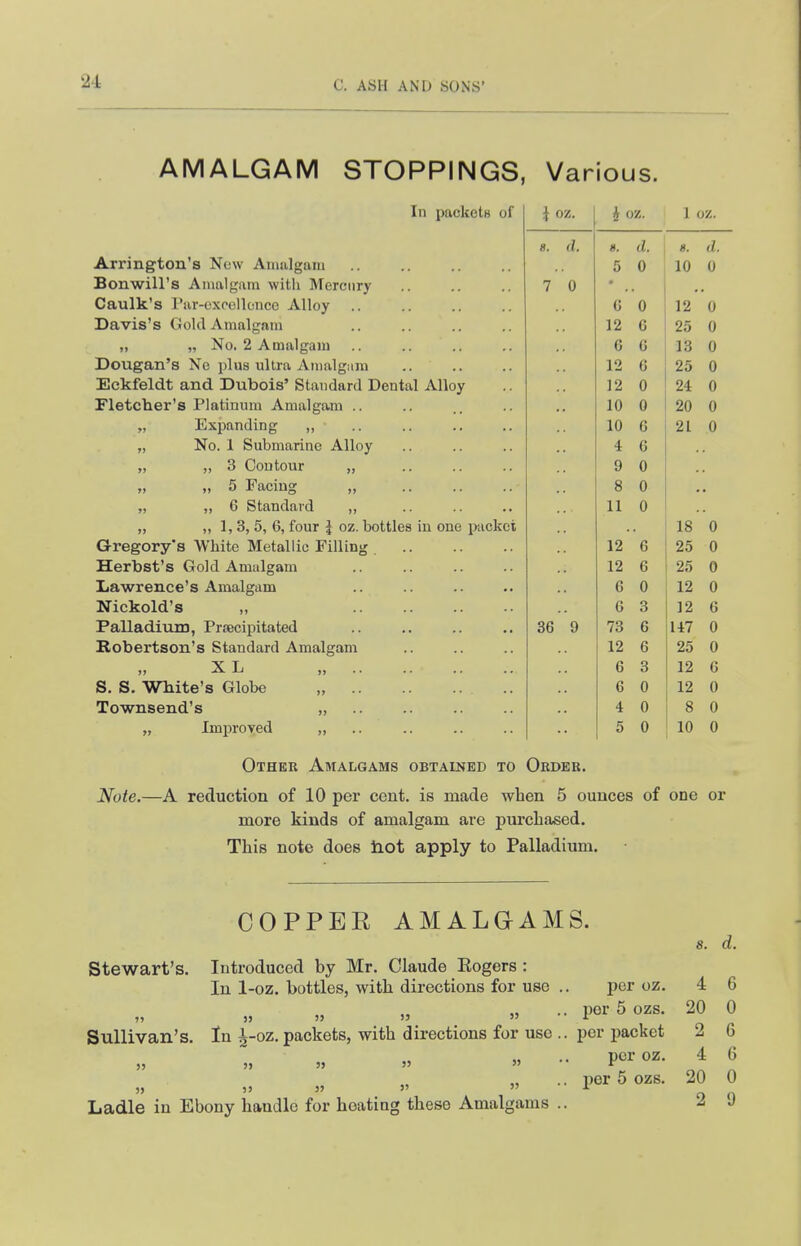 AMALGAM STOPPINGS, Various. i oz. 1 oz. a. d. g. ,1 8. a. Arrington's Now Amiilgam 0 0 n U Bonwill's Aiualf^ain with Mercury 7 0 Caulk's I'ar-exrcUonco Alloy .. l\ t) n 19 A V Davis's Gold Amalgam 19 fi o ZD A u „ „ No. 2 Amalgam a V U A U Dougan's Nc plus ultra Amalgam c. A U Eckfeldt and Dubois' Standard Dental Alloy n u 94. A U Fletcher's Platinum Amalgam .. 10 0 n yj „ Expanding ,, u 91 ^ L A u „ No. 1 Submarine Alloy A Tt u „ „ 3 Contour „ Q t7 n u 5 Facing „ Q O A V „ „ 6 Standard „ 11 0 „ „ 1, 3, 5, 6, four I oz. bottles in one packet 18 0 Gregory's White Metallic Filling b A Herbst's Gold Amalgam 12 6 25 0 Lawrence's Amalgam 6 0 12 0 Nickold's „ 6 3 12 6 Palladium, Prsecipitated 36 9 73 6 147 0 Robertson's Standard Amalgam 12 6 25 0 „ XL ,> •• 6 3 12 6 S. S. White's Globe „ 6 0 12 0 Townsend's „ 4 0 8 0 „ Improved „ 5 0 10 0 Other Amalgams obtained to Order. Note.—A reduction of 10 per cent, is made when 5 ounces of one or more kinds of amalgam are purchased. This note does liot apply to Palladium. COPPER AMALGAMS. Stewart's. Introduced by Mr. Claude Eogers : In 1-oz. bottles, with directions for use H J) 5>  » Sullivan's, In i-oz. packets, with directions for use )5 » 3> »  )> 5) 5) »  Ladle in Ebony handle for boating these Amalgams 8. per oz. 4 6 per 6 ozs. 20 0 per packet 2 6 per oz. 4 6 j)er 5 ozs. 20 0 2 9