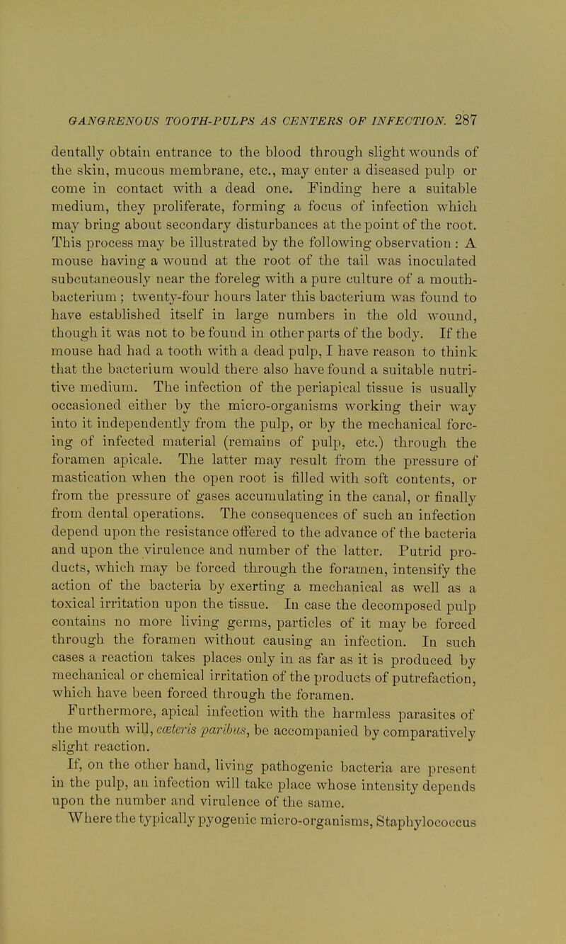dentally obtain entrance to the blood through slight wounds of the skin, mucous membrane, etc., may enter a diseased pulp or come in contact with a dead one. Finding here a suitable medium, they proliferate, forming a focus of infection which may bring about secondary disturbances at the point of the root. This process may be illustrated by the following observation : A mouse having a wound at the root of the tail was inoculated subcutaneously near the foreleg with a pure culture of a mouth- bacterium ; twenty-four hours later this bacterium was found to have established itself in large numbers in the old wound, though it was not to be found in other parts of the body. If the mouse had had a tooth with a dead pulp, I have reason to think that the bacterium would there also have found a suitable nutri- tive medium. The infection of the periapical tissue is usually occasioned either by the micro-organisms working their way into it independently from the pulp, or by the mechanical forc- ing of infected material (remains of pulp, etc.) through the foramen apicale. The latter may result from the pressure of mastication when the open root is filled with soft contents, or from the pressure of gases accumulating in the canal, or finally from dental operations. The consequences of such an infection depend upon the resistance offered to the advance of the bacteria and upon the virulence and number of the latter. Putrid pro- ducts, which may be forced through the foramen, intensify the action of the bacteria by exerting a mechanical as well as a toxical irritation upon the tissue. In case the decomposed pulp contains no more living germs, particles of it may be forced through the foramen without causing an infection. In such cases a reaction takes places only in as far as it is produced by mechanical or chemical irritation of the products of putrefaction, which have been forced through the foramen. Furthermore, apical infection with the harmless parasites of the mouth w'i$,cceteris paribus, be accompanied by comparatively slight reaction. If, on the other hand, living pathogenic bacteria are present in the pulp, an infection will take place whose intensity depends upon the number and virulence of the same. Where the typically pyogenic micro-organisms, Staphylococcus