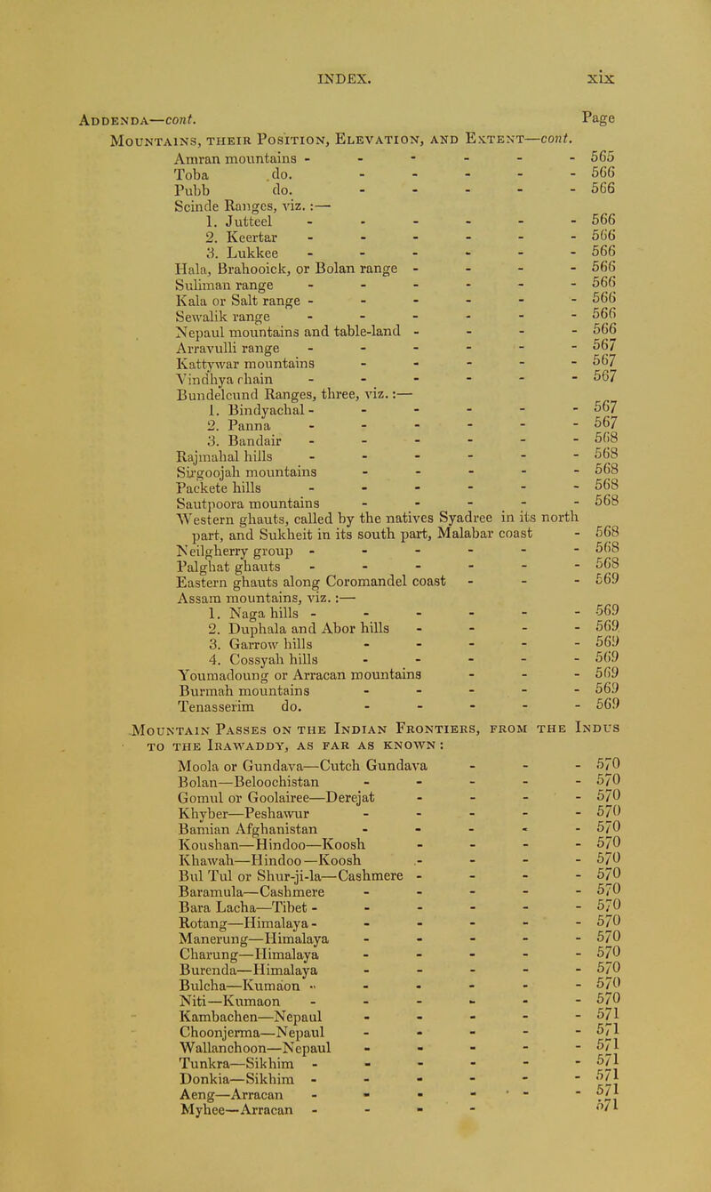 1 i INDEX. XIX Addenda—cont. Mountains, their Position, Elevation, and Extent—i Amran mountains - - - - - Toba .do. ... - Pubb do. - Scinde Ranges, viz. :— 1. Jutteel - 2. Keertar - - - - - 3. Lukkee . . - - - Hala, Brabooick, or Bolan range - - - Suliman range - Kala or Salt range - - - Sewalik range - Nepaul mountains and table-land - - - Arravulli range Kattywar mountains _ - - - Vindliya rhain - Bundelcund Ranges, three, viz.:— 1. Bindyachal - - - - - 2. Panna . - - - - 3. Bandair - - - Rajmabal hills - - - Sii'goojah moimtains - Packete hills - - - - - Sautpoora mountains - - - - Western ghauts, called by the natives Syadree in its part, and Sukheit in its south part, Malabar coast Keilgherry group - - - - - Palghat ghauts - Eastern ghauts along Coromandel coast Assam mountains, viz.:— 1. Naga hills - 2. Duphala and Abor hills ... 3. Garrow hills - - - - 4. Cossyah hills . . - _ Youmadoung or Arracan mountains Burmah mountains - Tenasserim do, - - - cont. Page 565 566 566 - 566 - 566 - 566 - 566 - 566 - 666 - 566 - 566 - 567 - 567 - 567 - 567 - 567 - 568 - 568 - 668 - 668 - 568 north - 568 - 668 - 668 - £69 - 569 - 569 - 569 - 569 - 569 - 669 - 669 Mountain Passes on the Indian Frontiers, from the Indus to the Iram'addy, as far as known : Moola or Gundava—Cutch Gundava Bolan—Beloochistan Gomul or Goolairee—Derejat Khyber—Pesha\vur Bamian Afghanistan Koushan—Hindoo—Koosh Khawah—Hindoo—Koosh Bui Tul or Shur-ji-la—Cashmere - Baramula—Cashmere Bara Lacha—Tibet - - - Rotang—Himalaya - Manerung—Himalaya Charung—Himalaya Burenda—Himalaya Bulcha—Kumaion .... Niti—Kumaon - Kambachen—Nepaul Choonjerma—Nepaul Wallanchoon—Nepaul Tunkra—Sikhim - Donkia—Sikhim - Aeng—Arracan - Myhee—Arracan - - 570 - 670 - 670 - 570 - 5/0 - 5/0 - 570 - 570 - 570 - 570 - 670 - 570 - 570 - 570 - 570 - 670 - 571 - 571 - 671 - 571 . 571 - 571 671 1