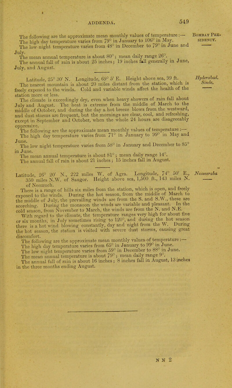 I ADDENDA. 549 The following are the approximate mean monthly values of temperature:— The hifh day temperature varies from 79° in January to 10(i° in May. The low night temperature varies from 48° in December to 79° in June and ^The mean annual temperatm-e is about 80°; mean daily range 26°. _ The annual fall of rain is about 25 incbes; 19 inches fall generally m June, July, and August. Latitude, 25° 30' N. Longitude, 69° 5' E. Height above sea, 99 ft. The nearest mountain is about 20 miles distant from the station, which is freely exposed to the winds. Cold and variable winds affect the health of the station more or less. ■ c ^^ ^ The chmate is exceedingly dry, even when heavy showers of ram fall about July and August. The heat is extreme from the middle of March to the middle of October, and during the day a hot breeze blows from the westward, and dust storms are frequent, but the mornings are clear, cool, and refreshing, except in September and October, when the whole 24 hours are disagreeably oppressive. The following are the approximate mean monthly values of temperature :— The high day temperature vai'ies from 71° in January to 99° in May and The low night temperature varies from 68° in January and December to 85° in June. The mean annud temperature is about 81°; mean daily range 14 . The annual fall of rain is about 21 inches; 15 inches fall in August. BoMBAr Pee- SIDENCT. Hyderabad. Sinde, Latitude, 26° 20' N., 222 miles W. of Agra. Longitude, 74° 50' E., Nusseeraha 350'miles N.W. of Saugor. Height above sea, 1,500 ft., 143 miles N. of Neemuch. . t o ^ There is a range of hills six miles from the station, which is open, and treely exposed to the winds. During the hot season, from the middle of March to the middle of July, the prevailing winds are from the S. and S.W., these are scorchino. During the monsoon the winds are variable and pleasant. In the cold seas'on, from November to March, the winds are from the N. and N.E. With regard to the climate, the temperature ranges very high for about five or six months, in July sometimes rising to 120°, and during the hot season there is a hot wind blowing constantly, day and night from the W._ During the hot season, the station is visited with severe dust storms, causing great discomfort. The following are the approxunate mean monthly values ot temperature:— The high day temperature varies fi-om 65° in January to 99° in June. The low night temperature varies from 59° in December to 88 m June. The mean annual temperature is about 79°; mean daily range 9°. The annual fall of rain is about 16 inches; 8 inches fall in August, 13 inches in the three months ending August. N N 2