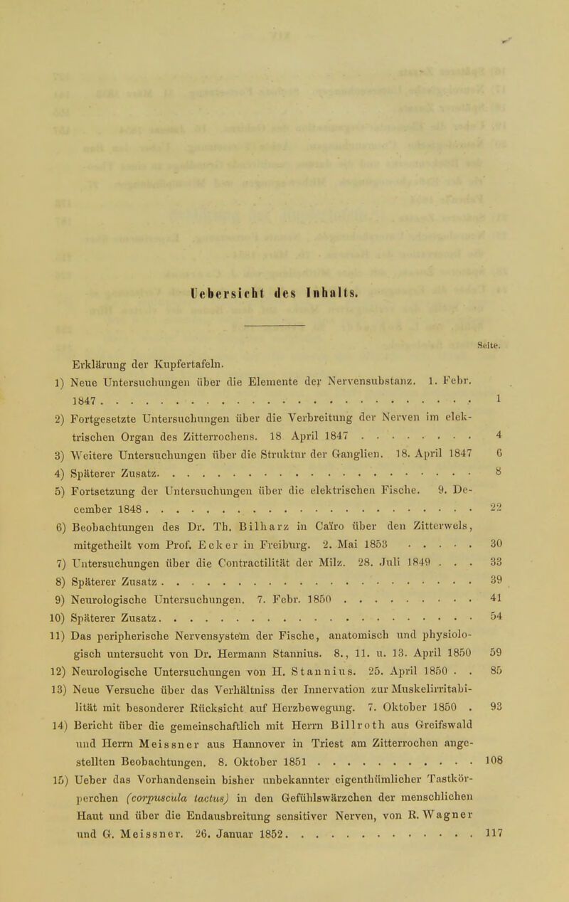 lebersirht des Inhalts. Seite. Erklärung der Kupfertafeln. 1) Neue Untersuchungen über die Elemente der Nervensubstanz. 1. Febr. 1847 1 2) Fortgesetzte Untersuchungen über die Verbreitung der Nerven im elek- trischen Organ des Zitterrochens. 18 April 1847 4 3) Weitere Untersuchungen über die Struktur der Ganglien. 18. April 1847 6 4) Späterer Zusatz 8 5) Fortsetzung der Untersuchungen über die elektrischen Fische. 9. De- cember 1848 • • 22 6) Beobachtungen des Dr. Th. Bilharz in Ca'iro über den Zitterwels, mitgetheilt vom Prof. Ecker in Freiburg. 2. Mai 1853 30 7) Untersuchungen über die Contractilität der Milz. 28. Juli 1849 ... 33 8) Späterer Zusatz 39 9) Neurologische Untersuchungen. 7. Febr. 1850 41 10) Späterer Zusatz 54 11) Das peripherische Nervensystem der Fische, anatomisch und physiolo- gisch untersucht von Dr. Hermann Stannius. 8., 11. u. 13. April 1850 59 12) Neurologische Untersuchungen von H. Stannius. 25. April 1850 . . 85 13) Neue Versuche über das Verhältniss der Innervation zur Muskelirritabi- lität mit besonderer Eücksicht auf Herzbewegung. 7. Oktober 1850 . 93 14) Bericht über die gemeinschaftlich mit Herrn Billroth aus Greifswald und Herrn Meissner aus Hannover in Triest am Zitterrochen ange- stellten Beobachtungen. 8. Oktober 1851 108 15) Ueber das Vorhandensein bisher unbekannter eigenthümlichcr Tastkör- perchen (corpuscula tactusj in den Gefühlswärzchen der menschlichen Haut und über die Endausbreitung sensitiver Nerven, von R.Wagner und G. Meissner. 26. Januar 1852 117